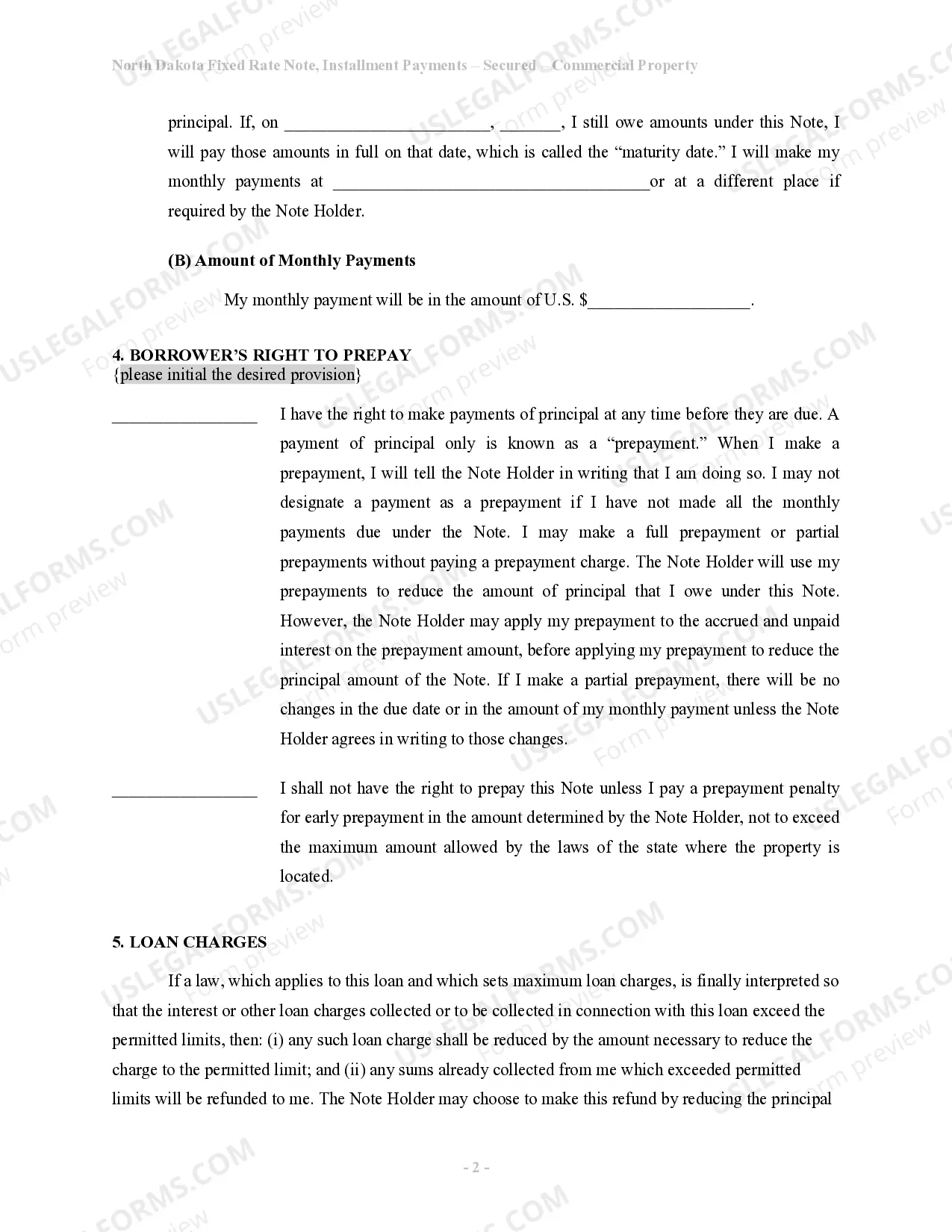 Preview North Dakota Installments Fixed Rate Promissory Note Secured by Commercial Real Estate