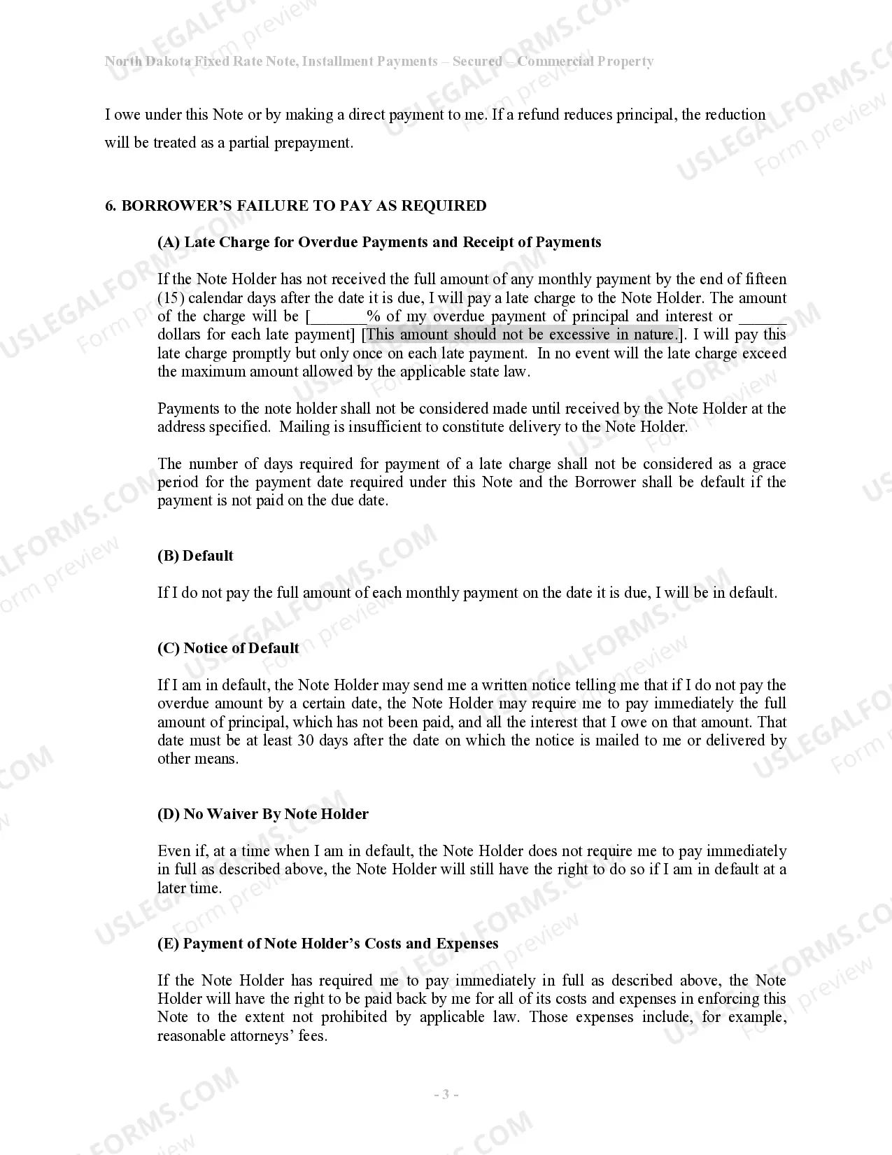 Preview North Dakota Installments Fixed Rate Promissory Note Secured by Commercial Real Estate