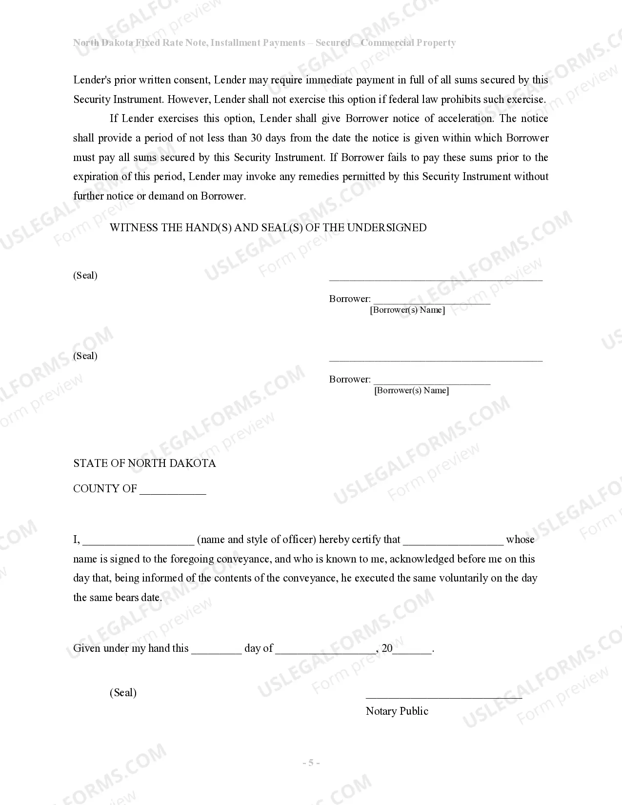 Preview North Dakota Installments Fixed Rate Promissory Note Secured by Commercial Real Estate