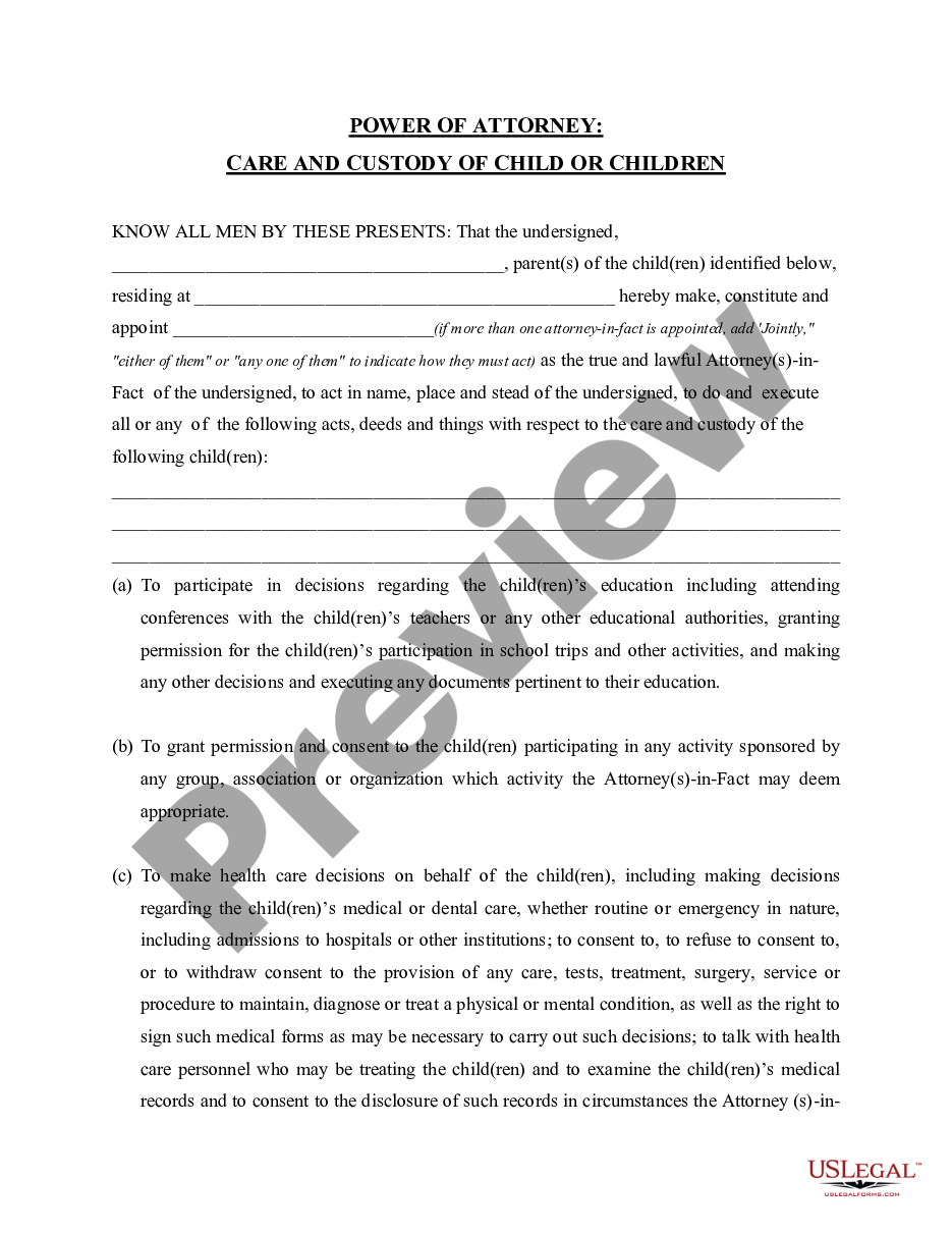 page 0 General Power of Attorney for Care and Custody of Child or Children preview