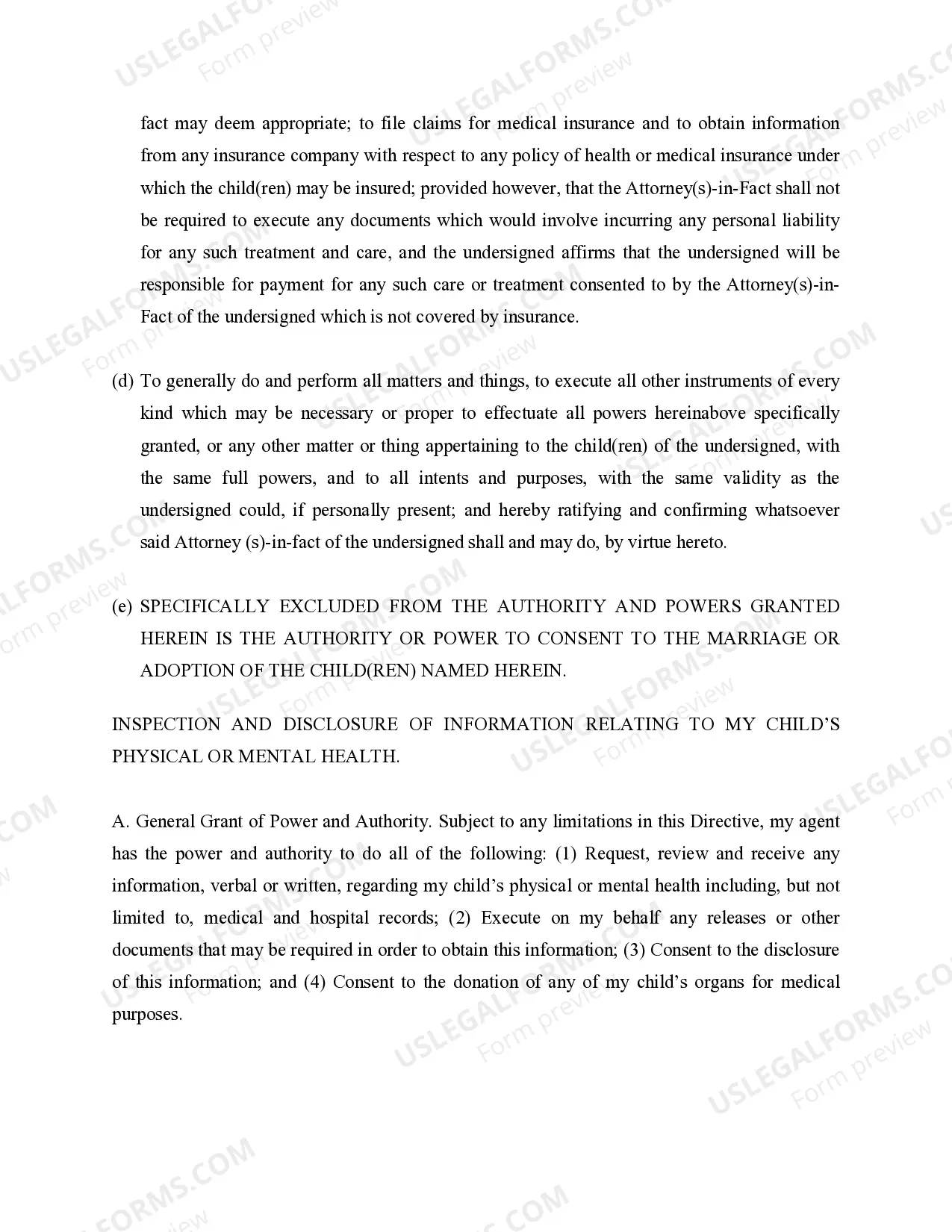 Preview General Power of Attorney for Care and Custody of Child or Children