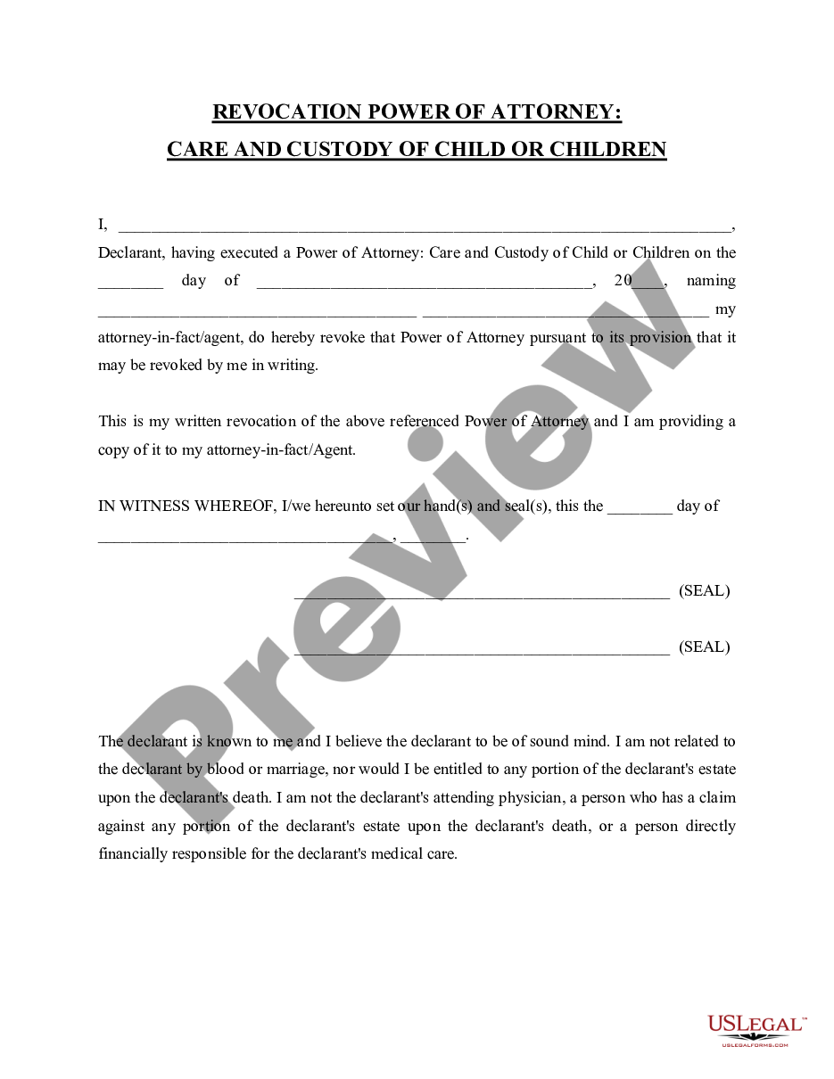 form Revocation of Power of Attorney for Care of Child or Children preview