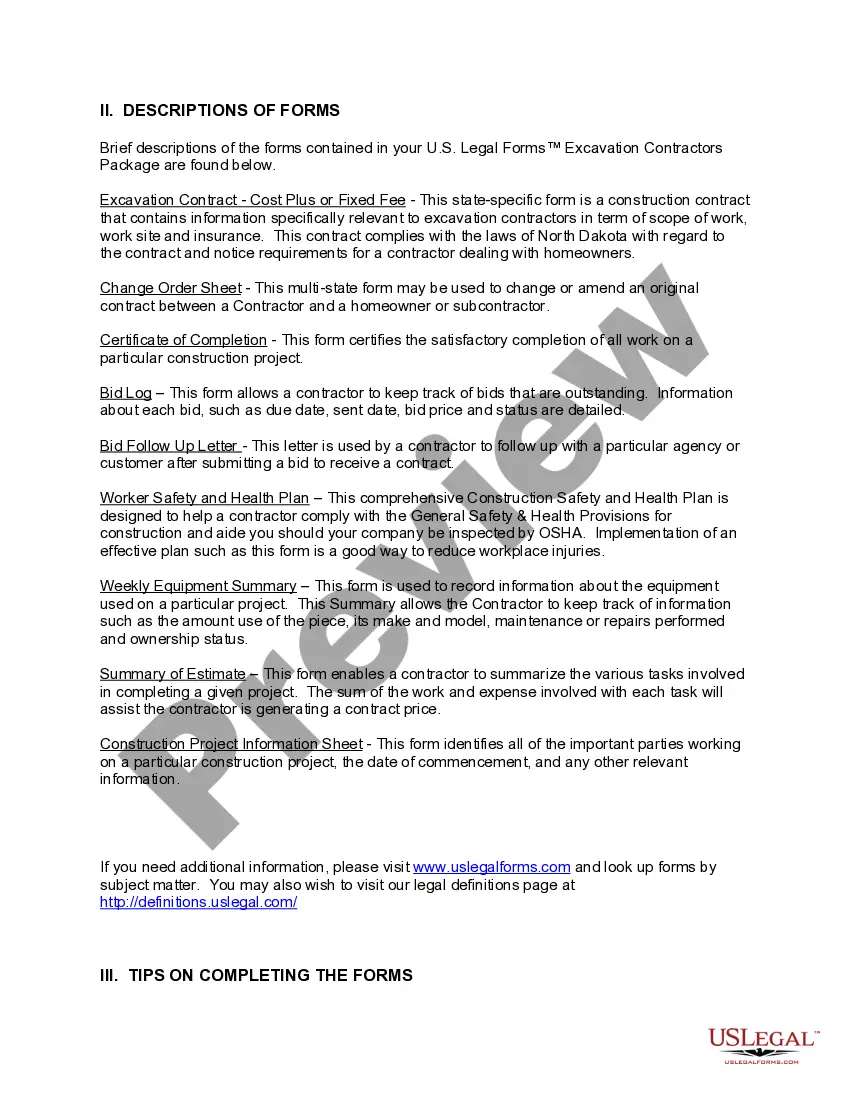 Preview North Dakota Excavation Contractor Package