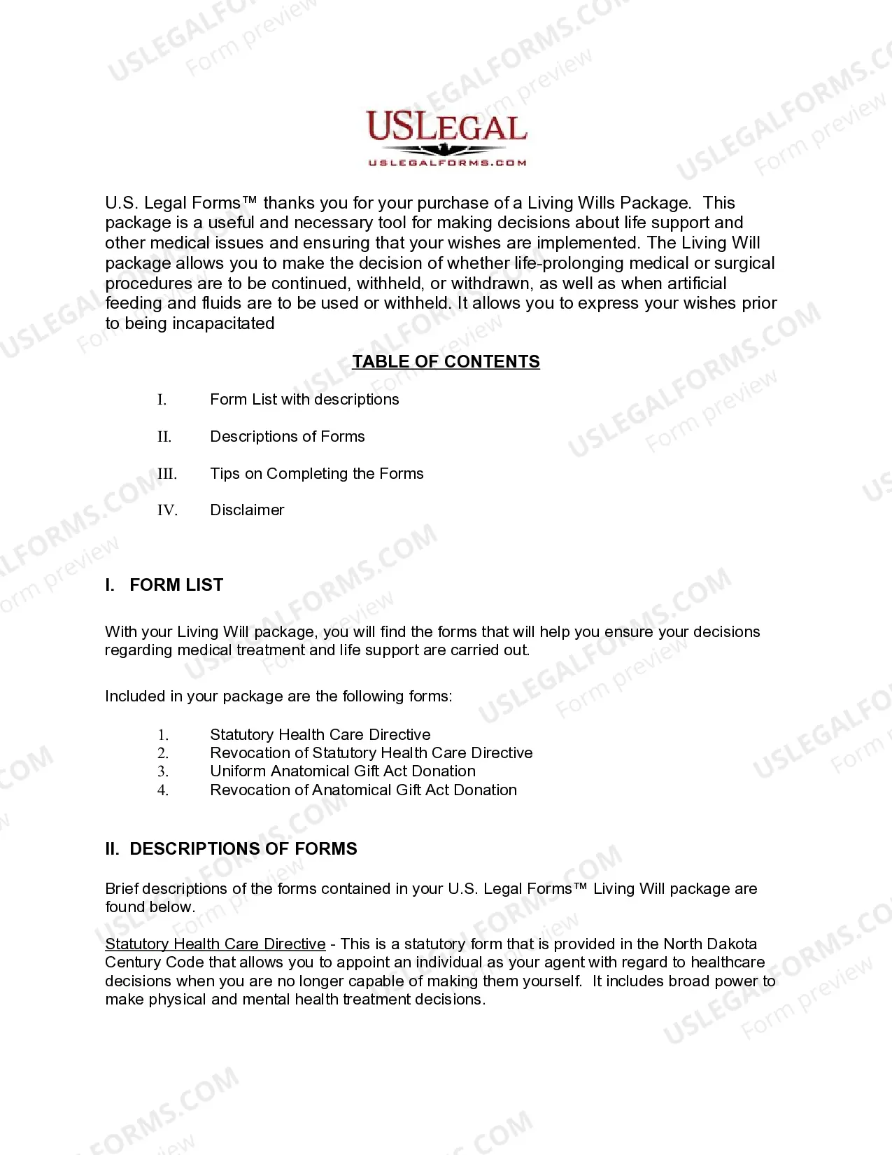 Preview North Dakota Living Wills and Health Care Package