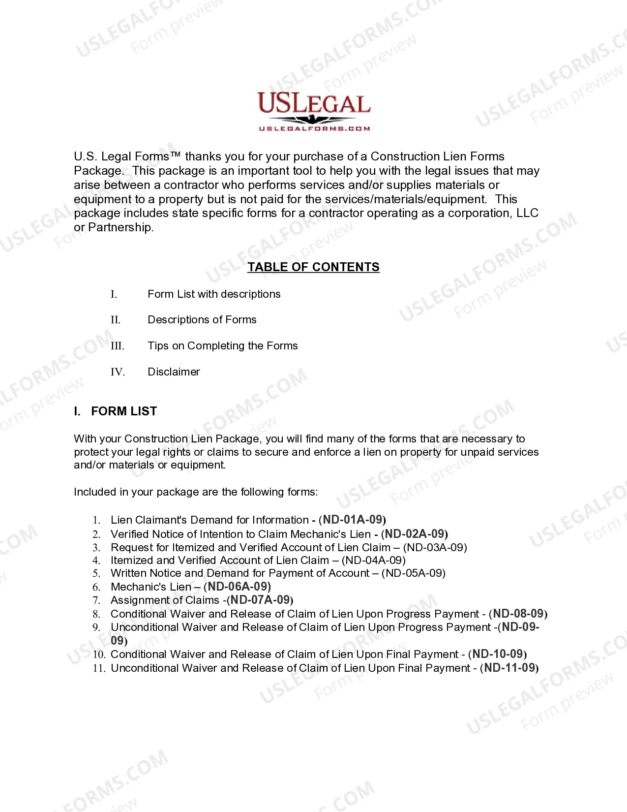 Preview North Dakota Construction or Mechanics Lien Package - Corporation or LLC