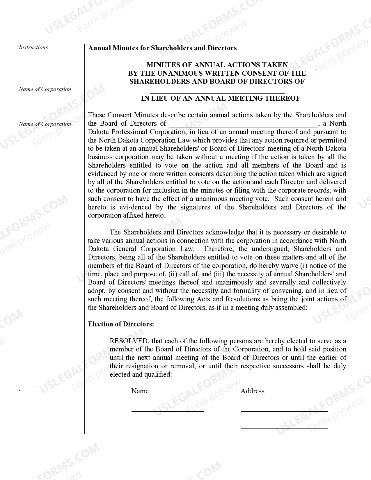 Preview Sample Annual Minutes for a North Dakota Professional Corporation