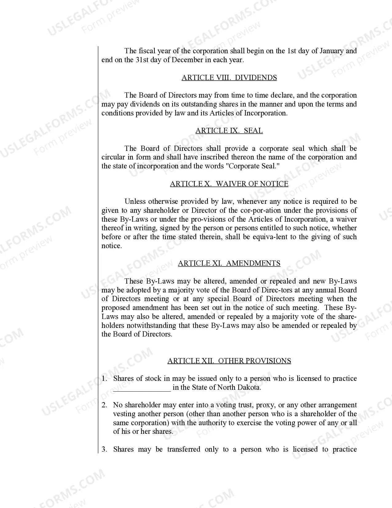 Preview Sample Bylaws for a North Dakota Professional Corporation