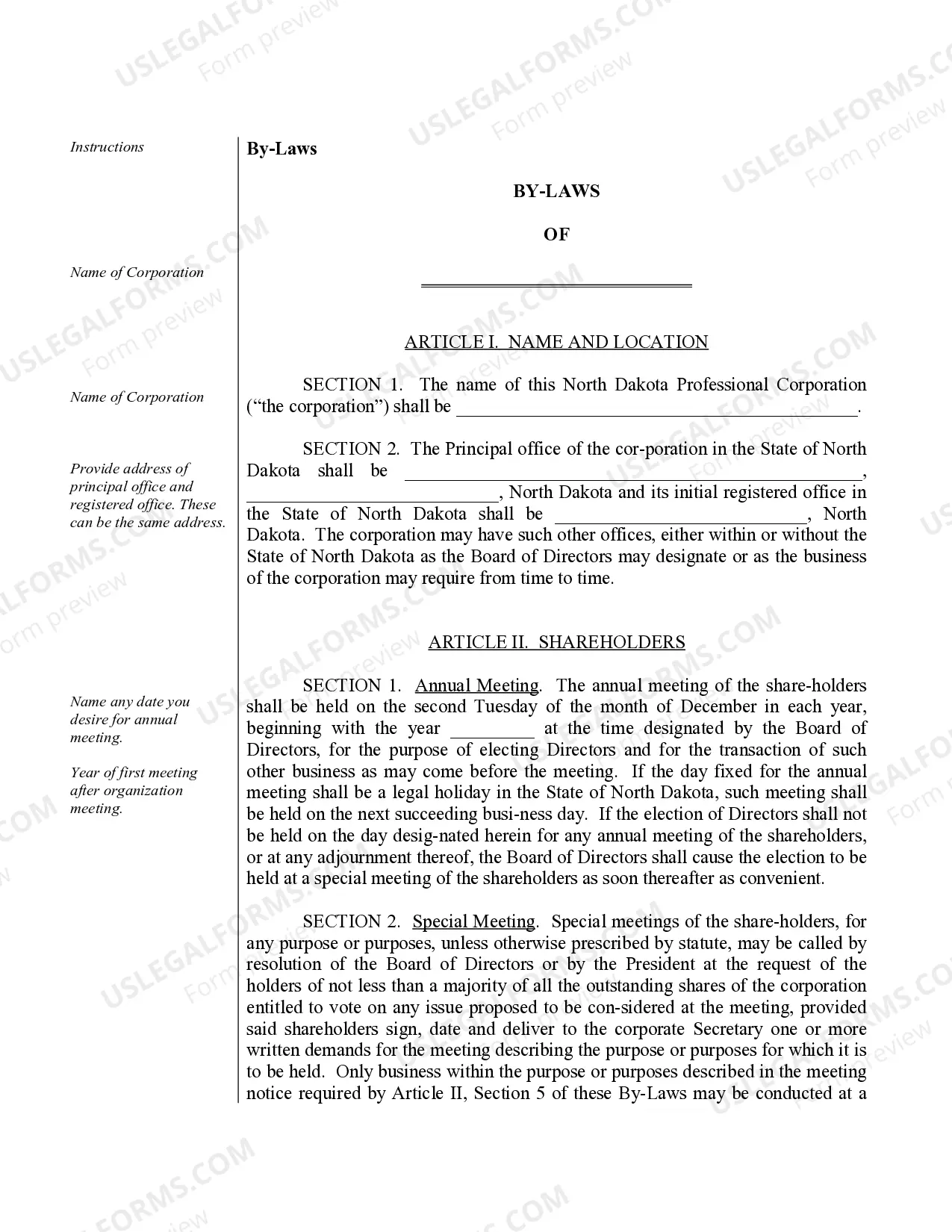 Preview Sample Bylaws for a North Dakota Professional Corporation