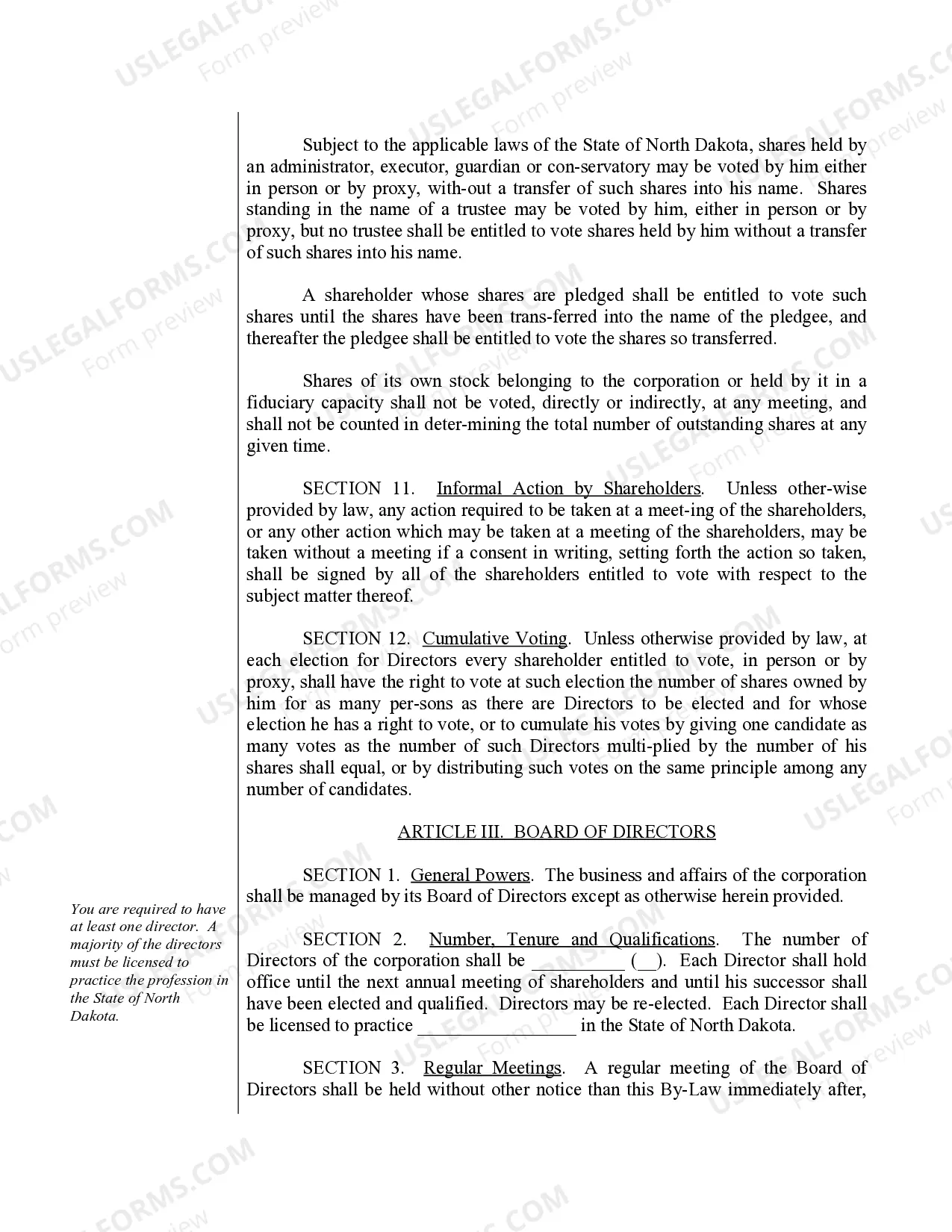 Preview Sample Bylaws for a North Dakota Professional Corporation