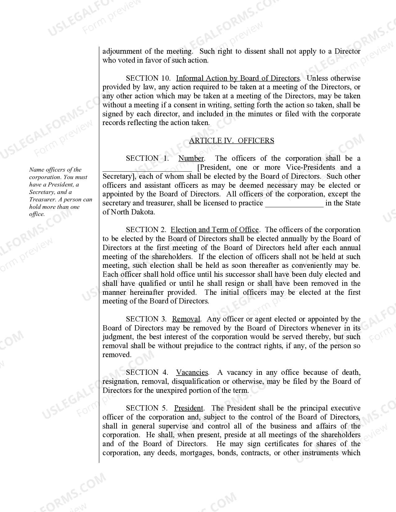 Preview Sample Bylaws for a North Dakota Professional Corporation