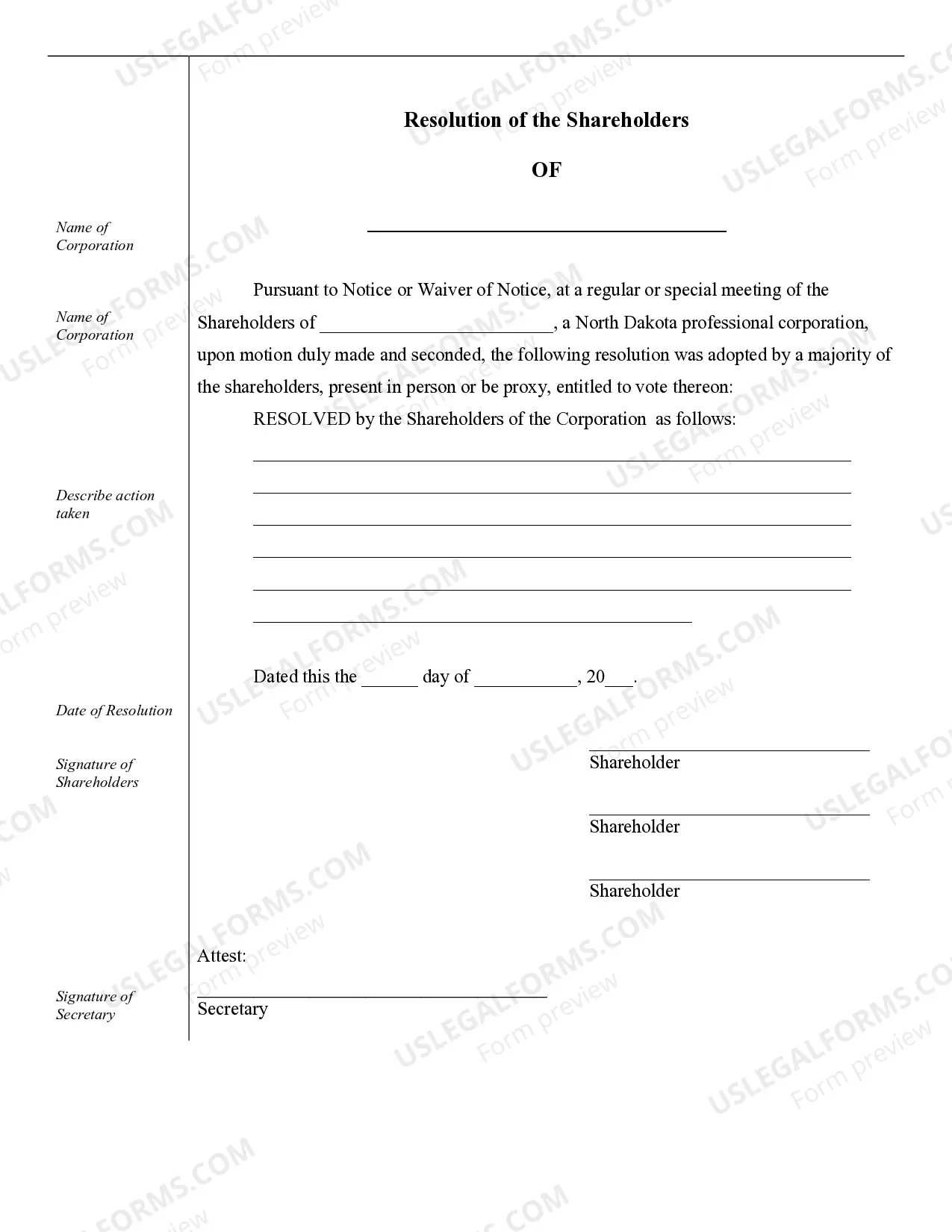 Preview Sample Corporate Records for a North Dakota Professional Corporation