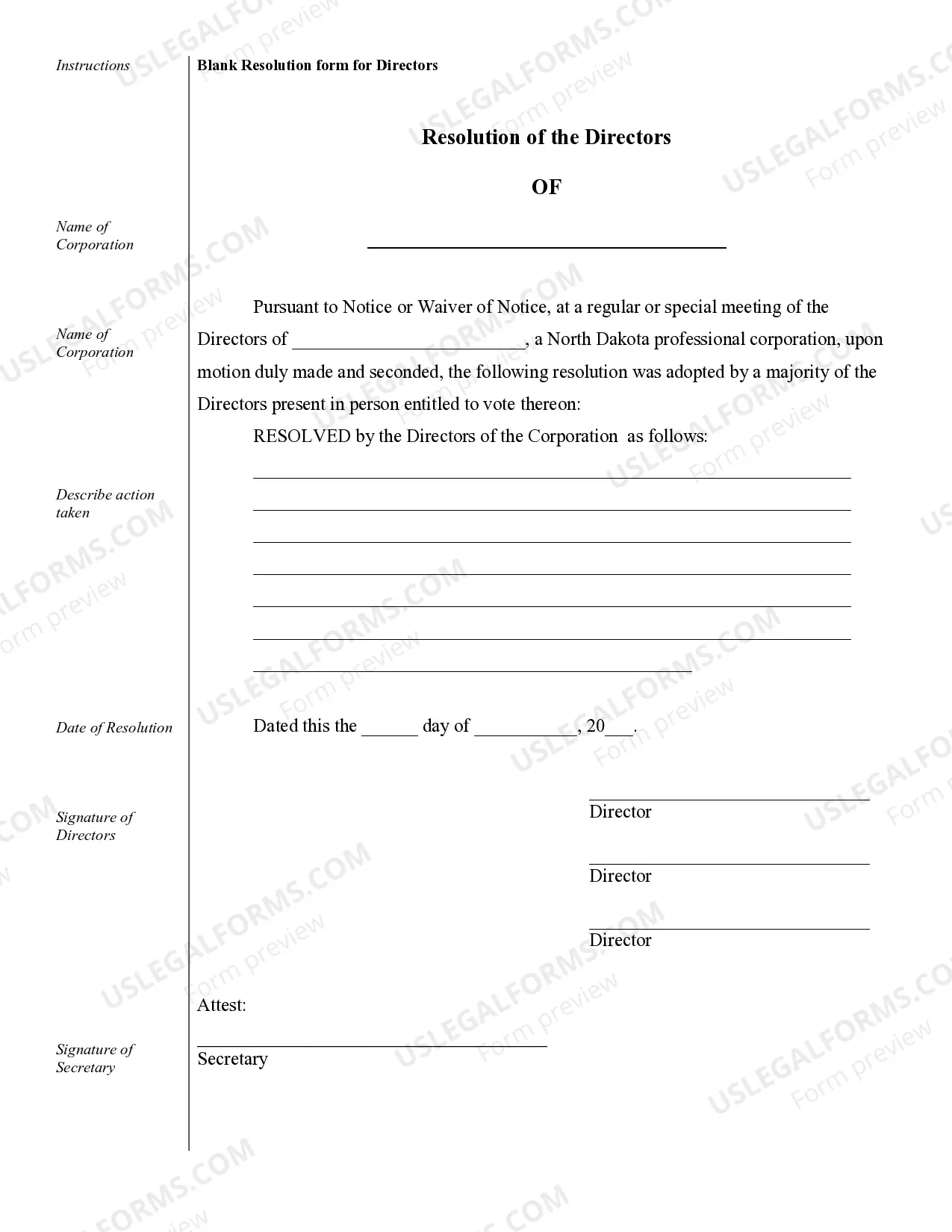 Preview Sample Corporate Records for a North Dakota Professional Corporation