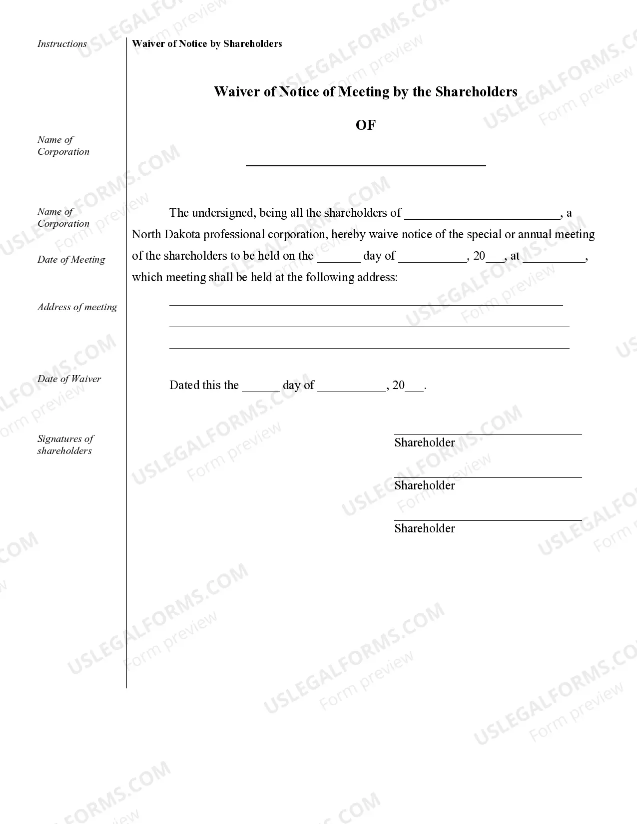 Preview Sample Corporate Records for a North Dakota Professional Corporation