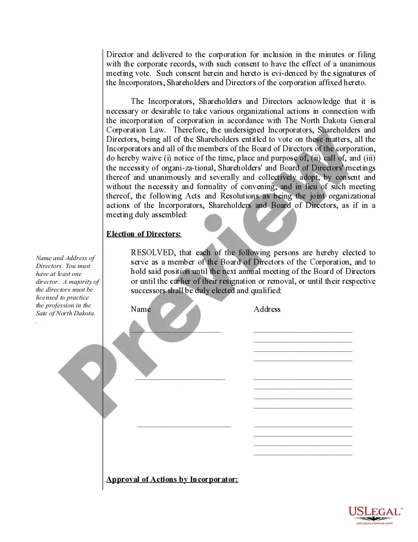 Preview Sample Organizational Minutes for a North Dakota Professional Corporation