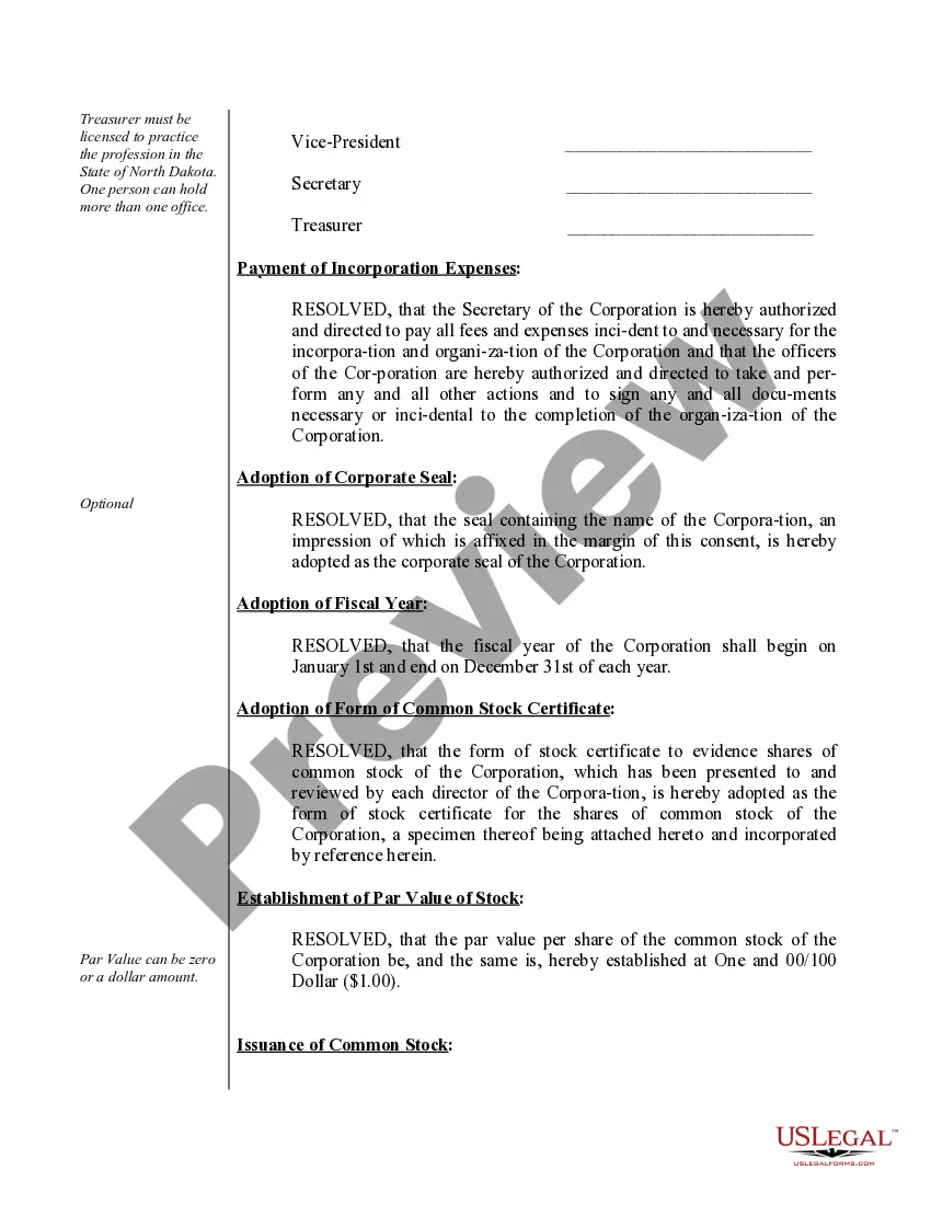 Preview Sample Organizational Minutes for a North Dakota Professional Corporation