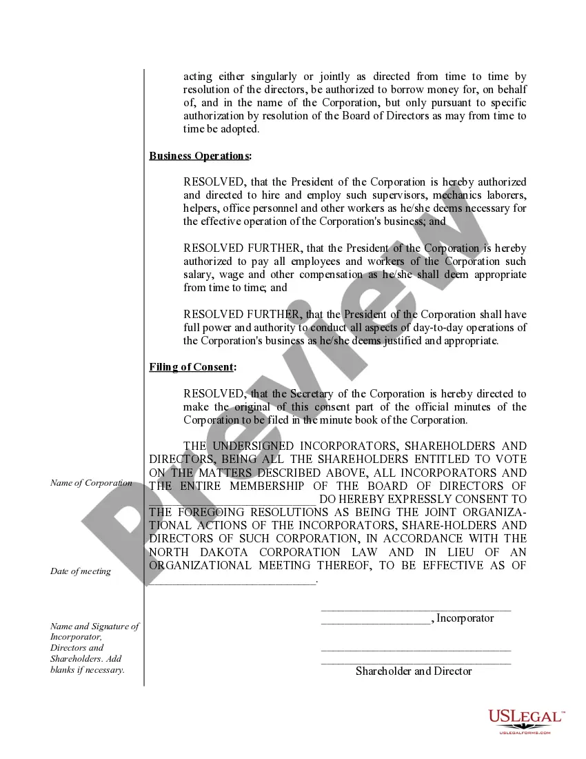 Preview Sample Organizational Minutes for a North Dakota Professional Corporation