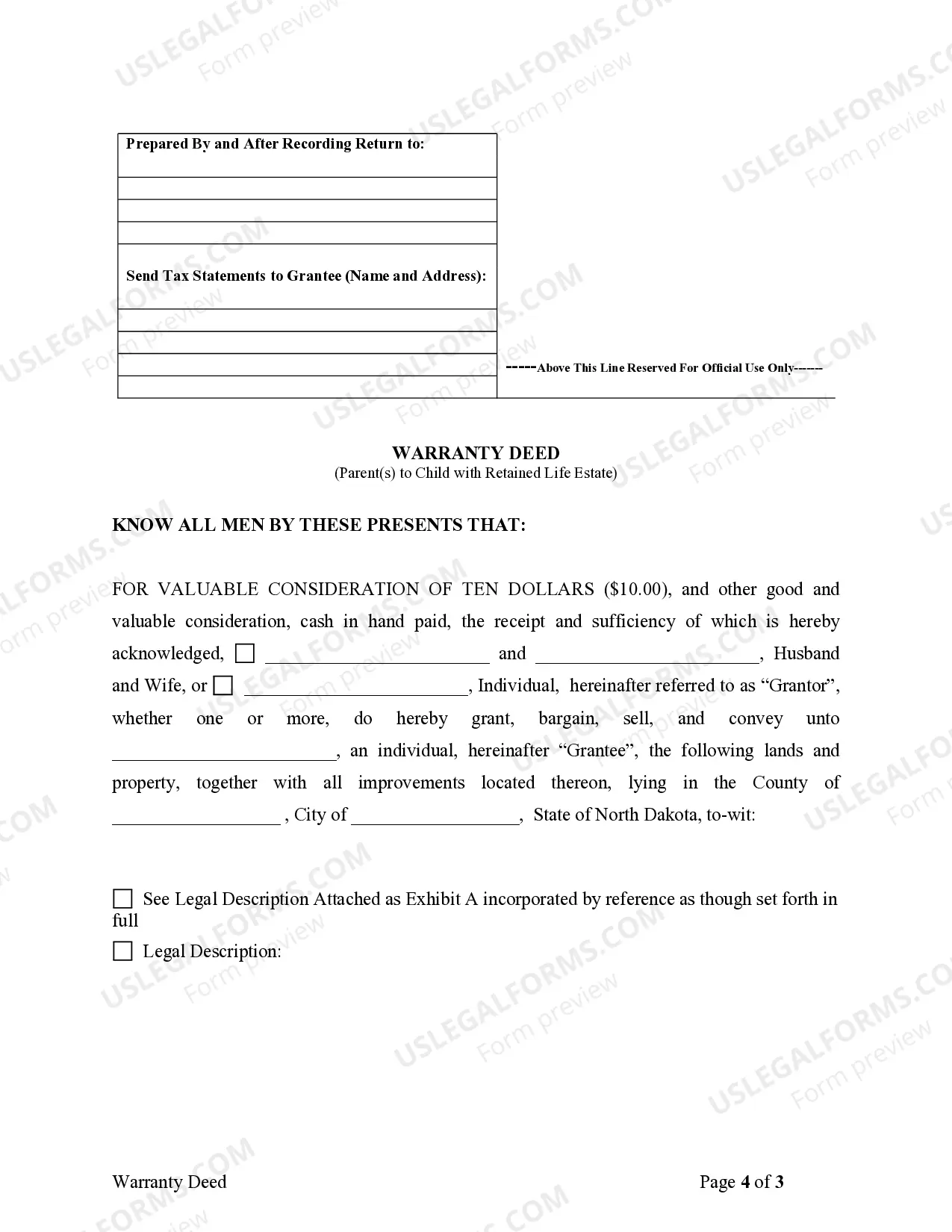 Preview Warranty Deed for Parents to Child with Reservation of Life Estate