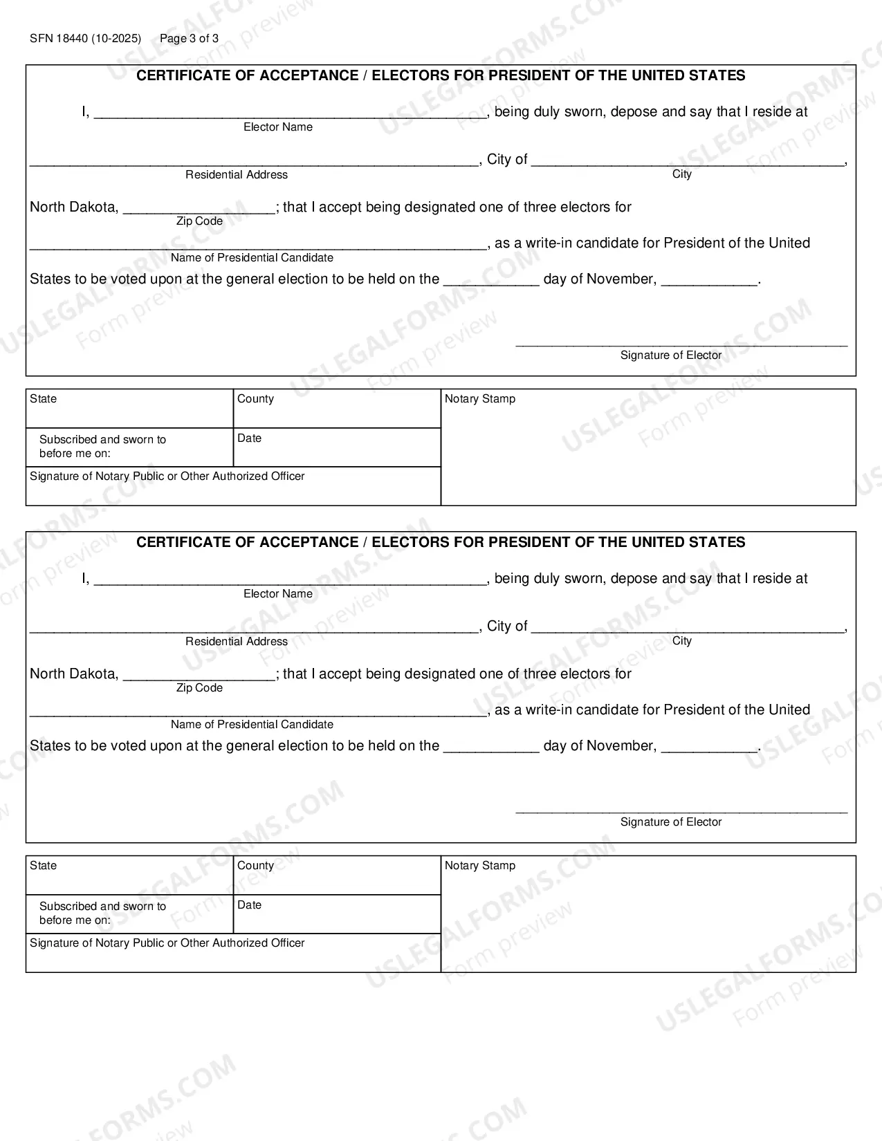 Preview CERTIFICATE of WRITE-IN CANDIDACY/PRESIDENT of THE US