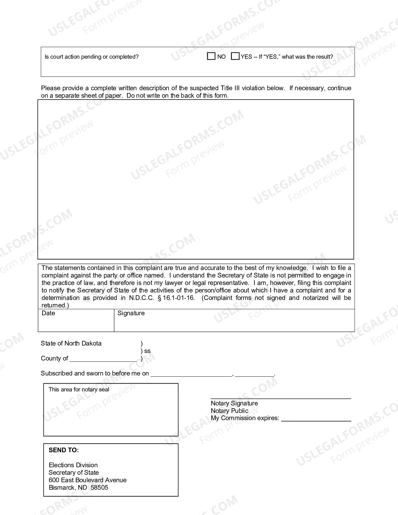 Preview NORTH DAKOTA ELECTION ADMINISTRATIVE COMPLAINT
