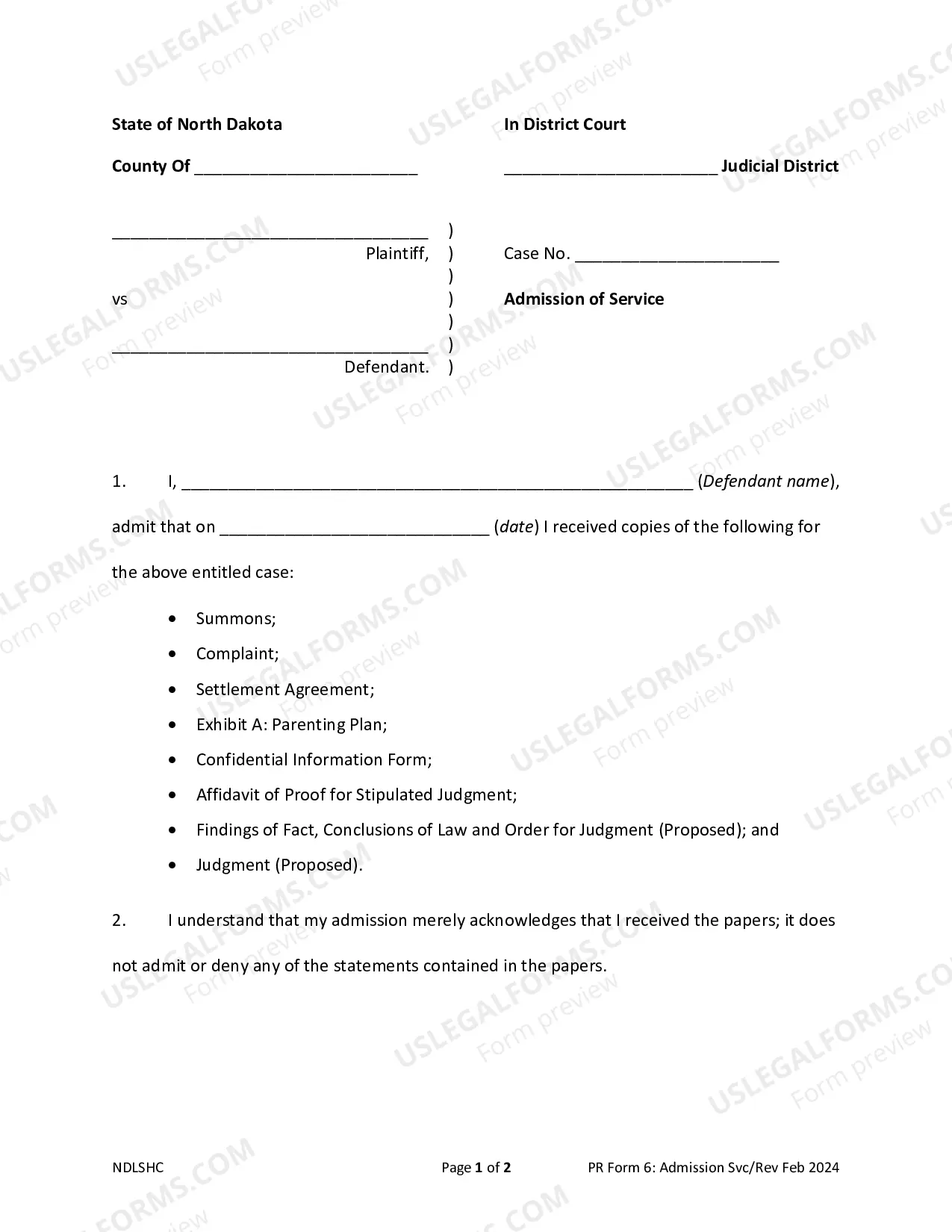 Preview Form 5 Admission of Service