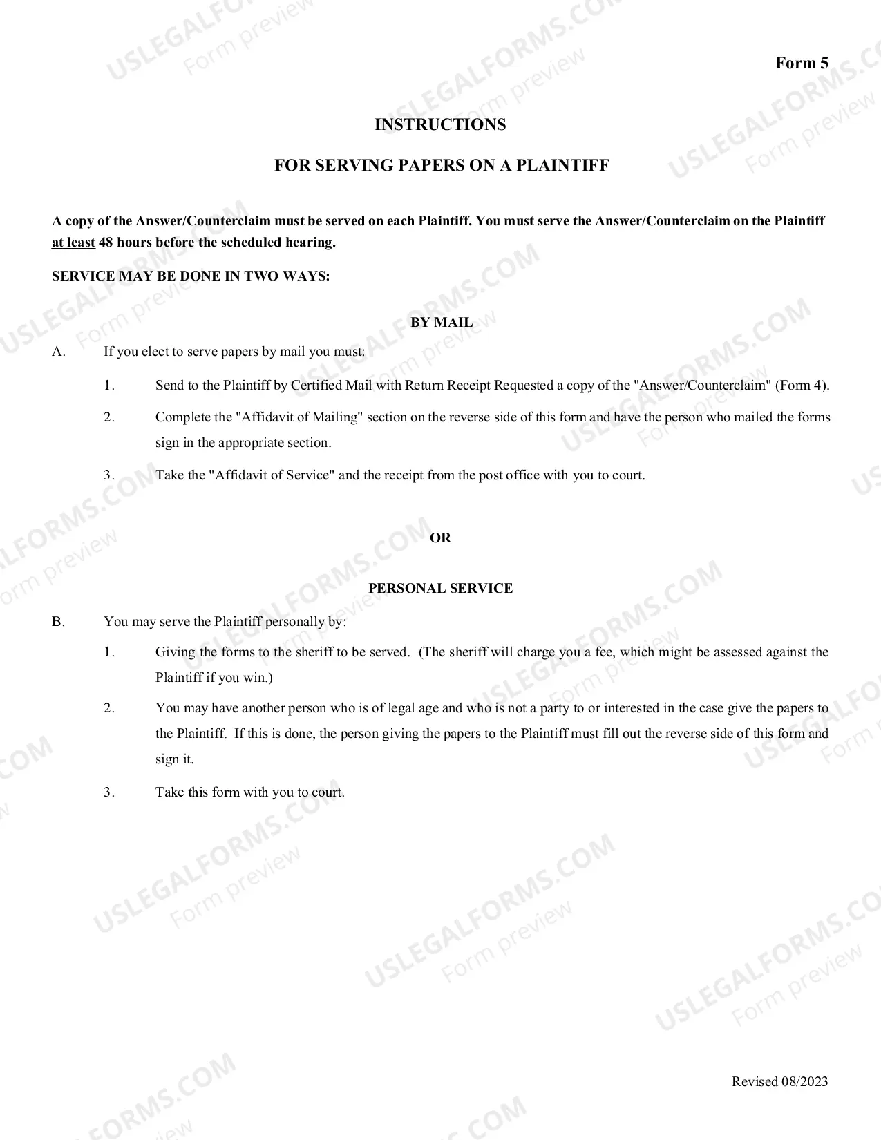 Preview Affidavit of Mailing-Personal Service - Answer-Counterclaim