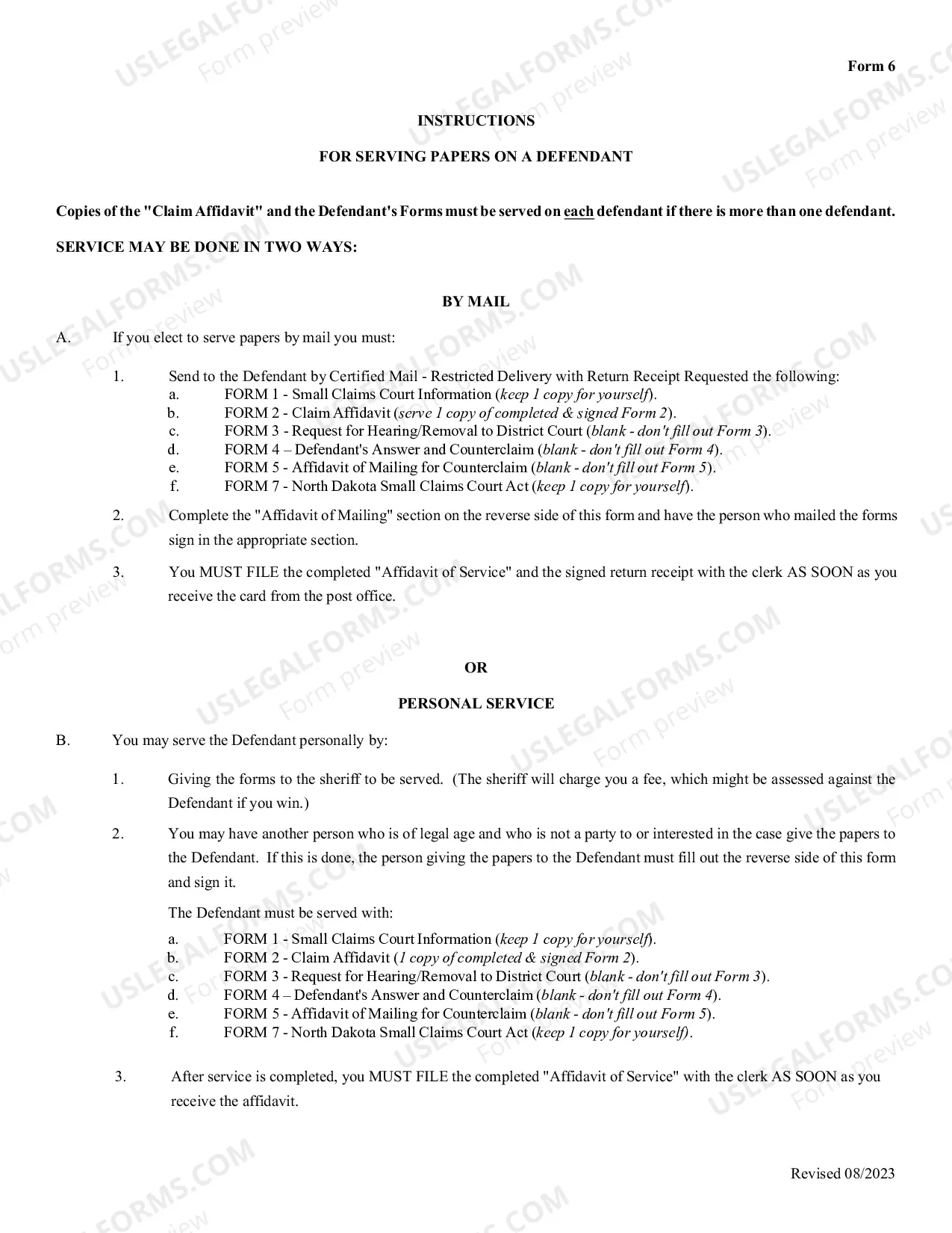 Preview Affidavit of Mailing-Personal Service - Plaintiffs Claim