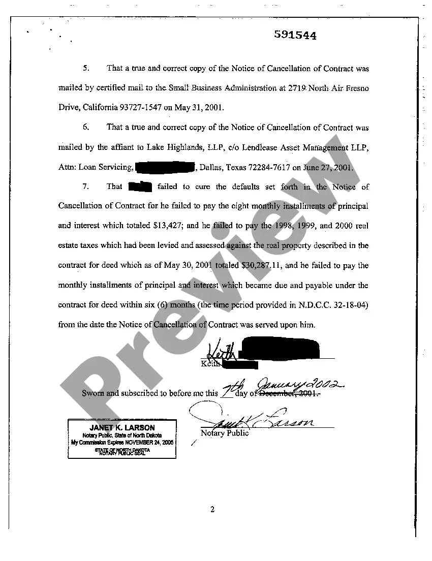 Preview Affidavit of Failure to Cure Defaults Under Contract for Deed