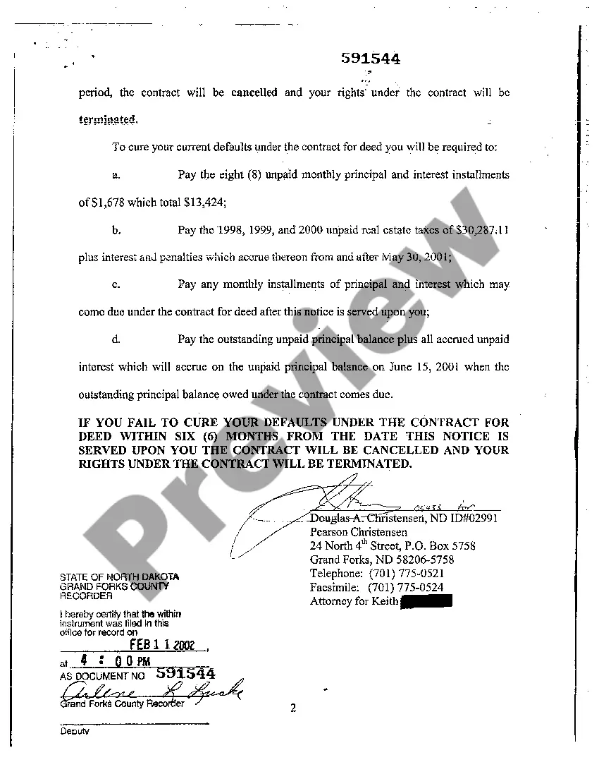 Preview Affidavit of Failure to Cure Defaults Under Contract for Deed