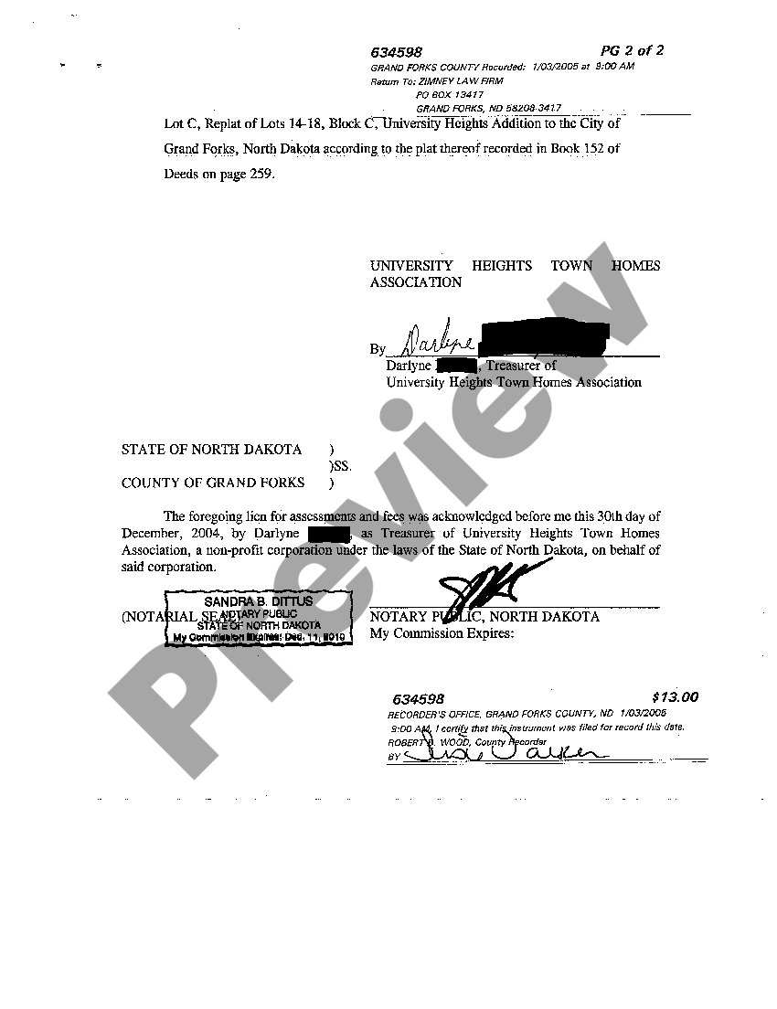 Fargo North Dakota Notice of Lien for Unpaid Assessments and Fees US Legal Forms