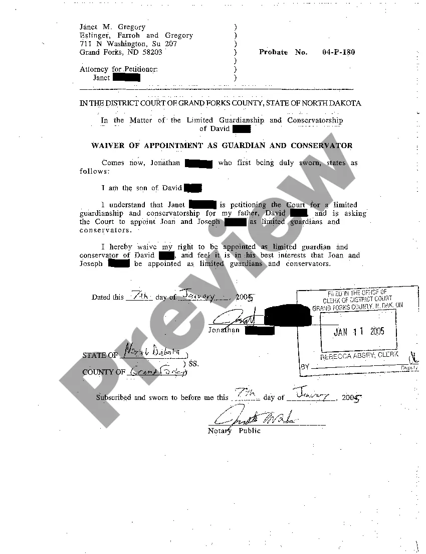 Preview A10 Waiver of Appointment as Guardian and Conservator