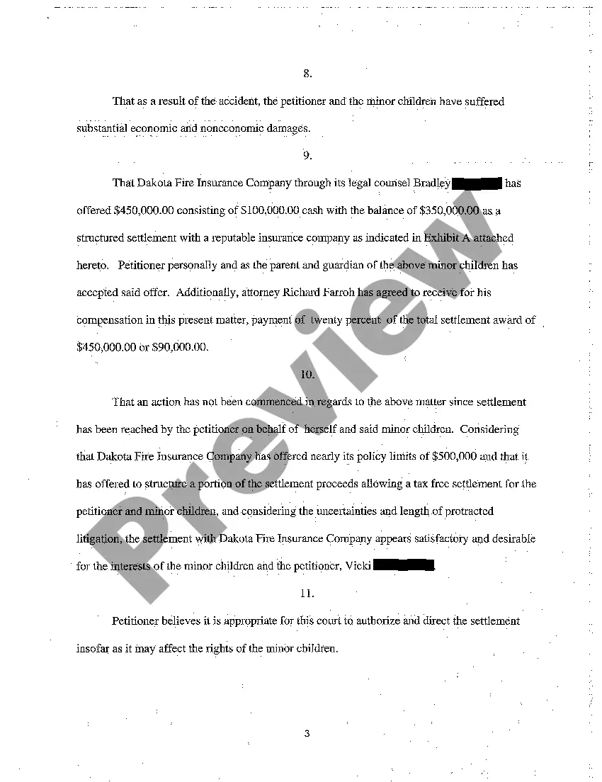 Preview A01 Petition for Approval of a Single Transaction Authorizing Minors' Settlement