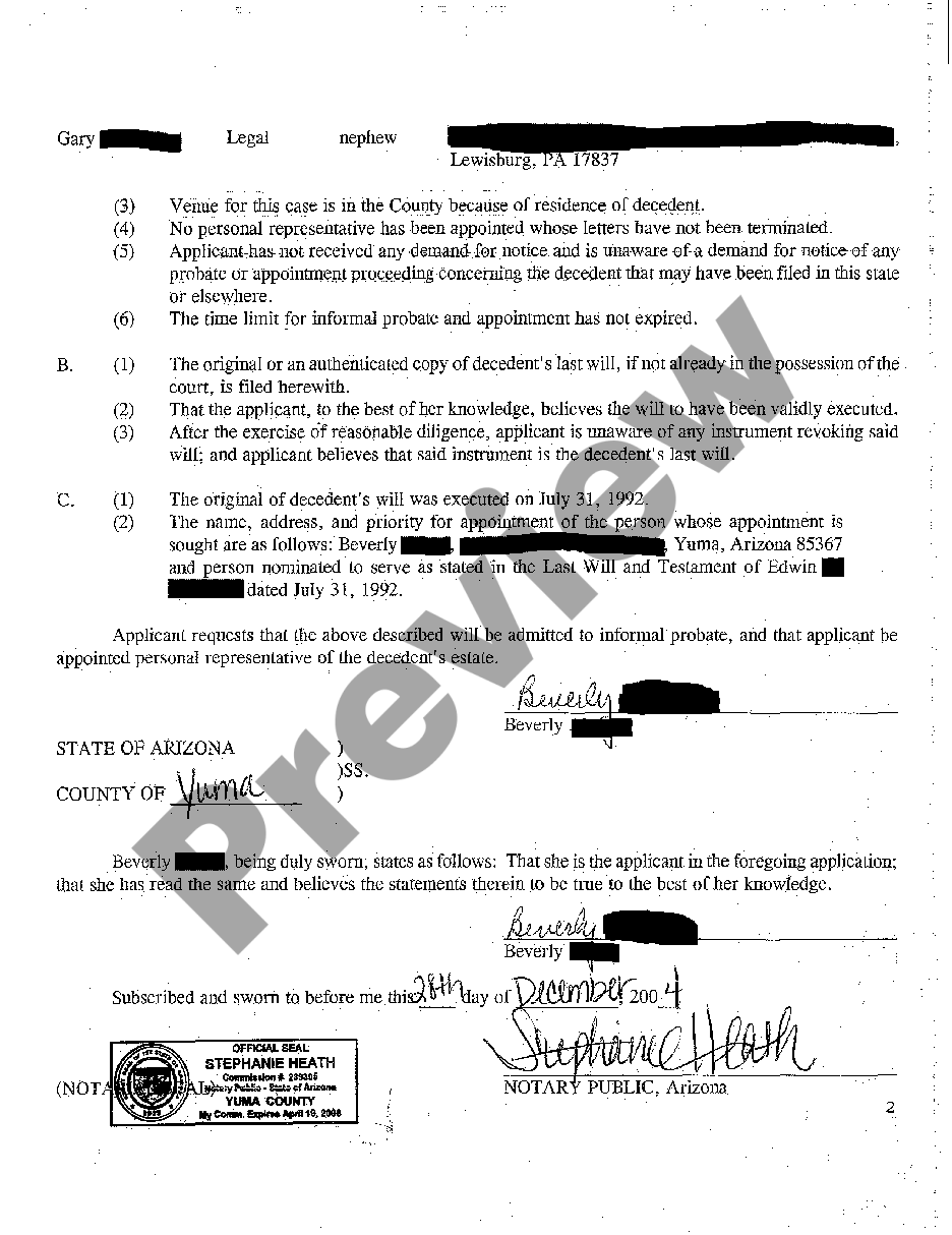 North Dakota Application For Informal Probate Of Will And Appointment 