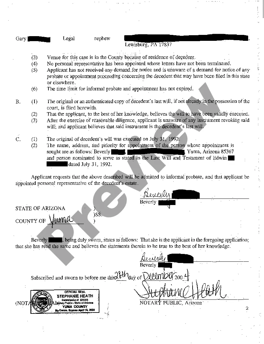 Get A01 Application for Informal Probate of Will and Appointment of a Personal Representative Preview A01 Application for Informal Probate of Will and Appointment of a Personal Representative