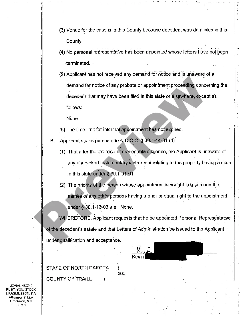 Preview A01 Application for Informal Appointment of a Personal Representative in Intestacy