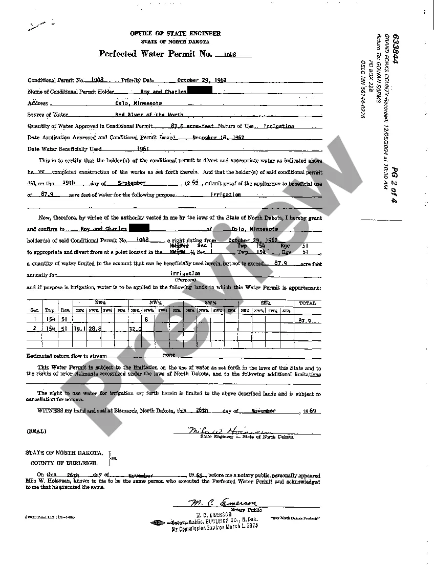 Preview Assignment of Perfected Water Permit regarding irrigation