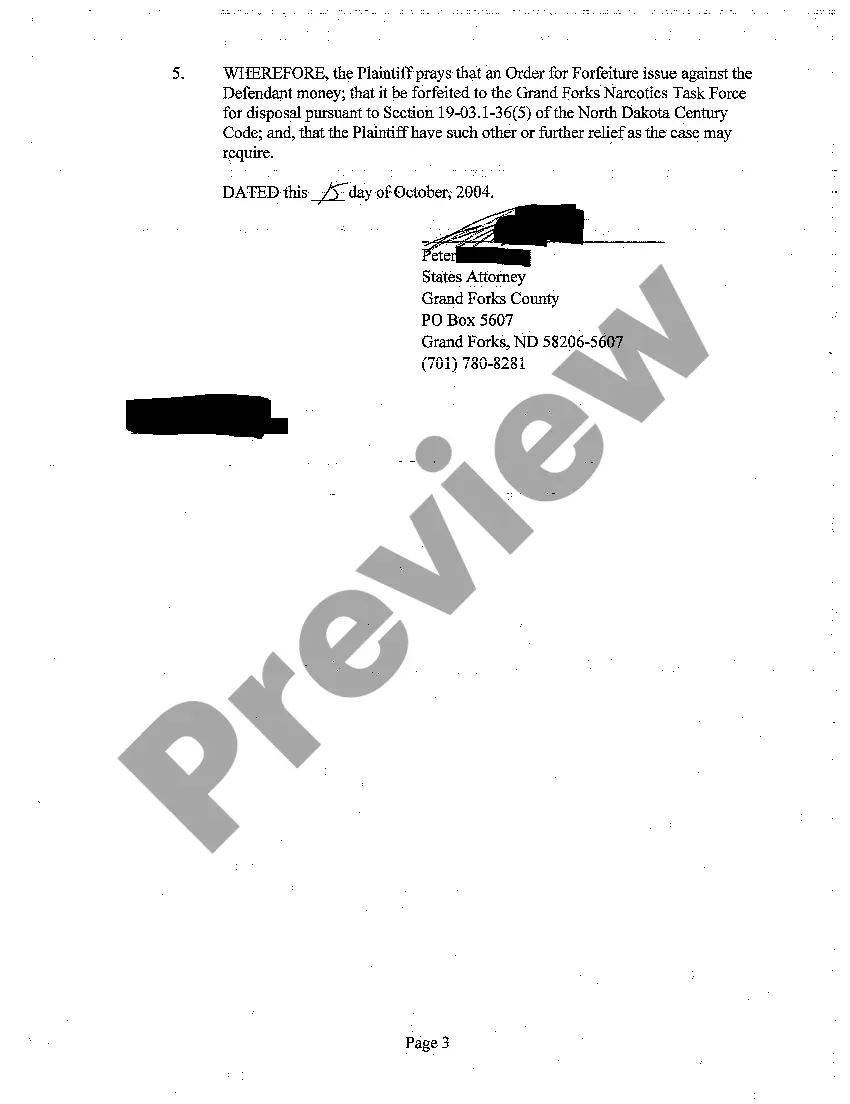 Preview A01 Complaint for Asset Forfeiture regarding Cash Money Found by Law Enforcement Officials