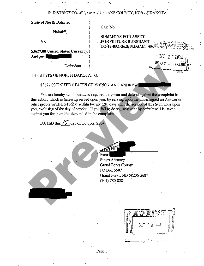 Preview A01 Complaint for Asset Forfeiture regarding Cash Money Found by Law Enforcement Officials