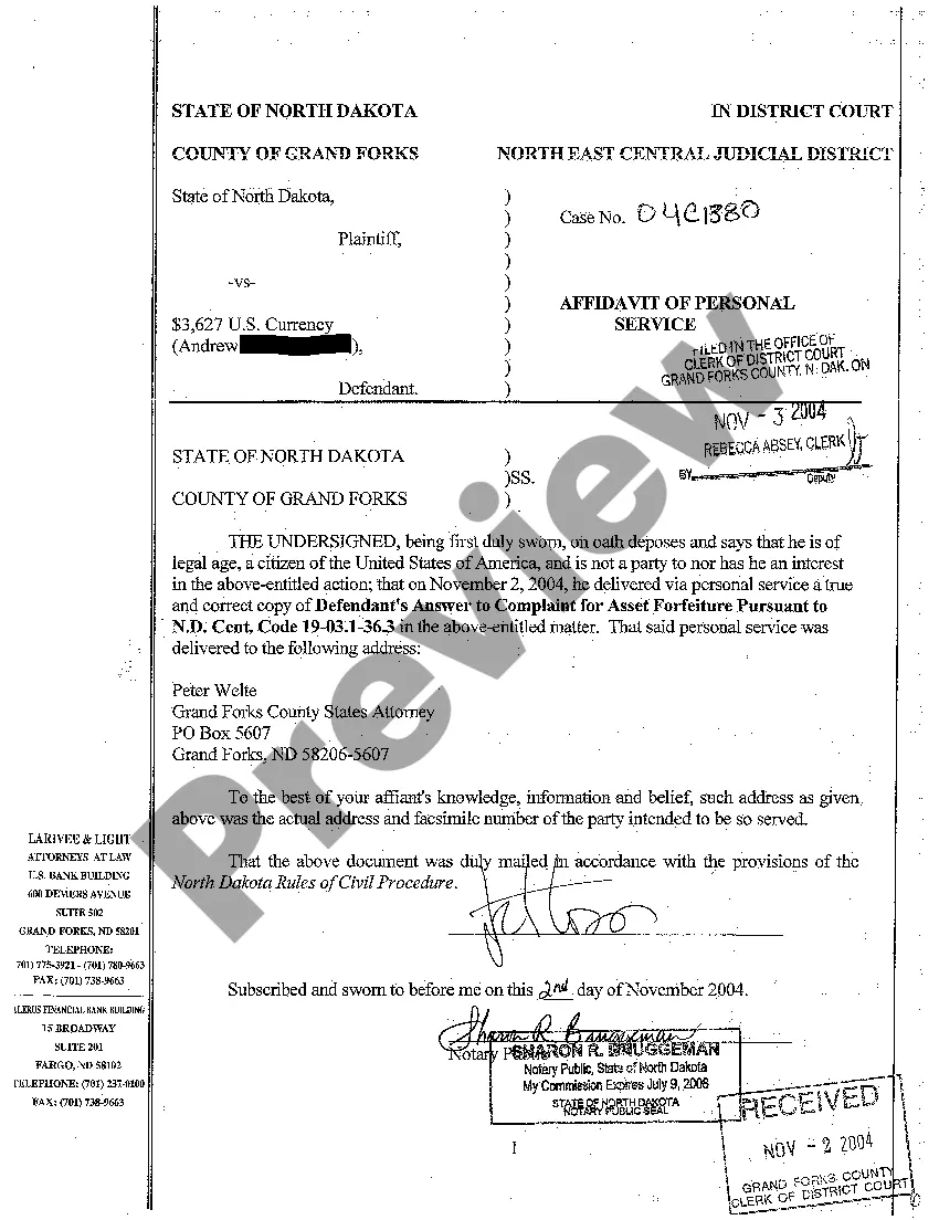 Preview A03 Answer to Complaint for Asset Forfeiture