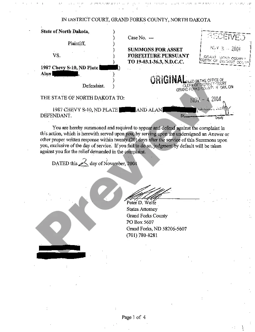 Preview A01 Complaint for Asset Forfeiture regarding Automobile Seized by Law Enforcement Officials