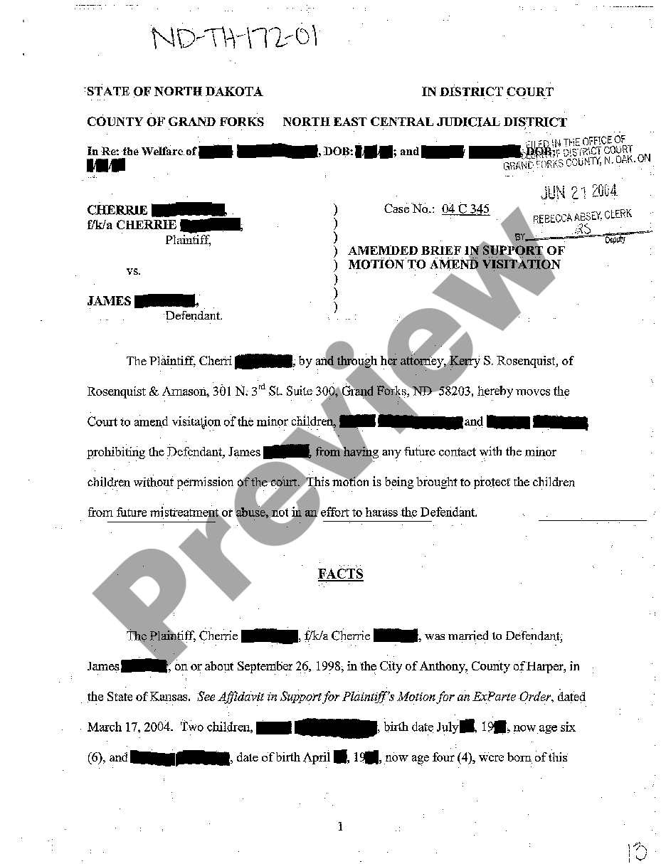 North Dakota Amended Brief in Support of Motion to Amend Visitation North Dakota Amended Brief in Support of Motion to Amend Visitation
