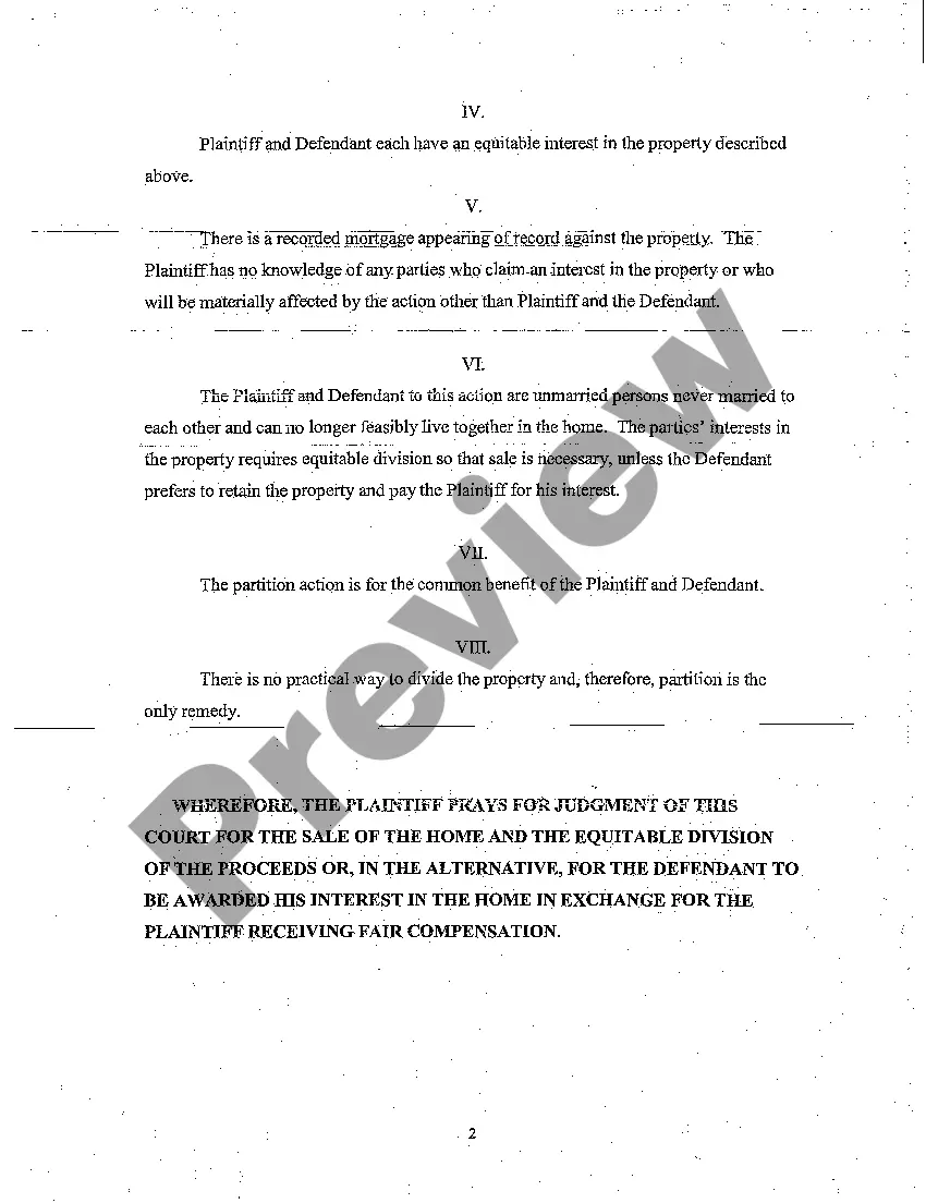 Get A01 Complaint to Partition property owned by Two Unmarried Individuals Preview A01 Complaint to Partition property owned by Two Unmarried Individuals
