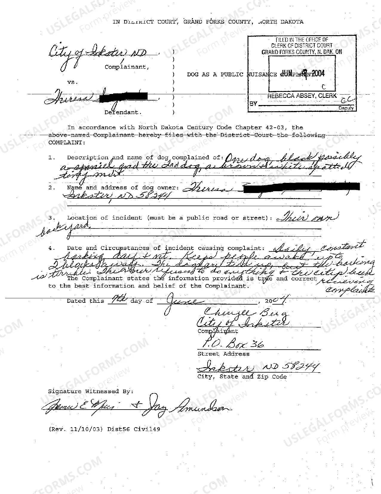 Preview A01 Complaint of Dog as a Public Nuisance