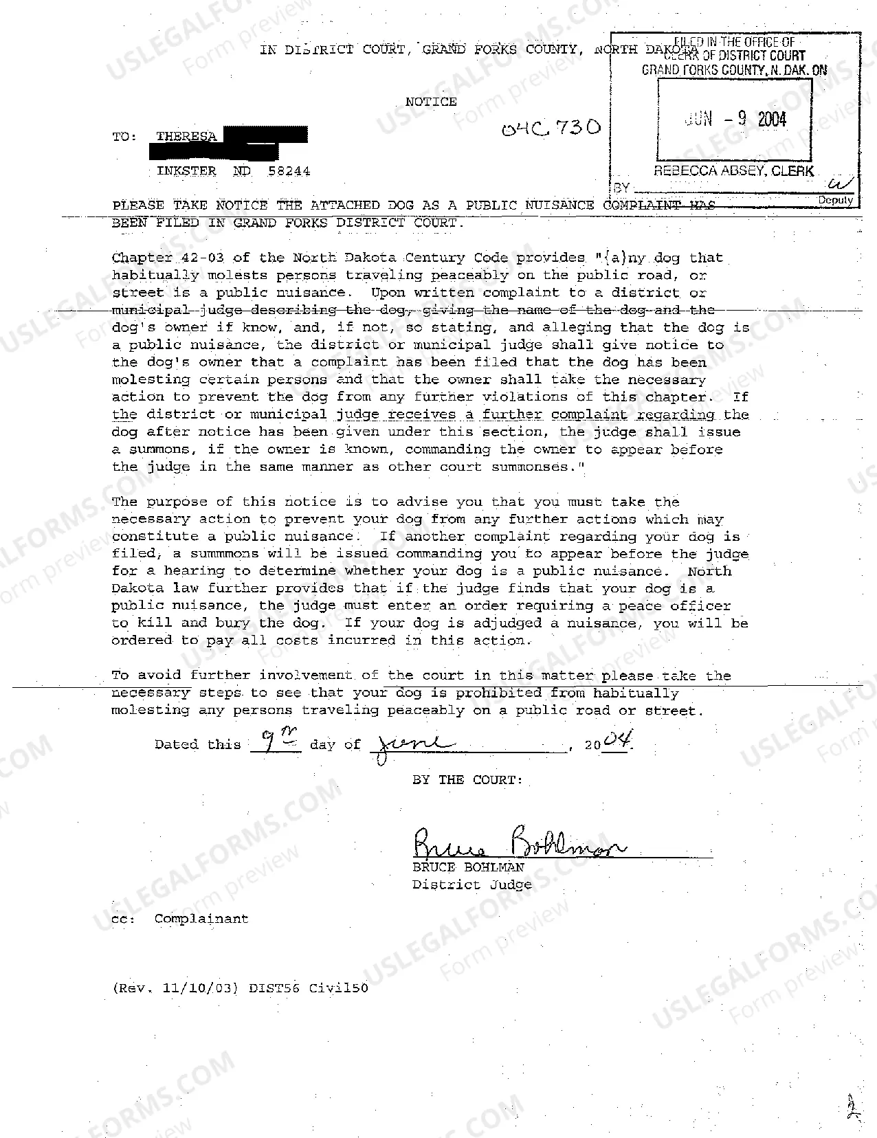 Preview A01 Complaint of Dog as a Public Nuisance