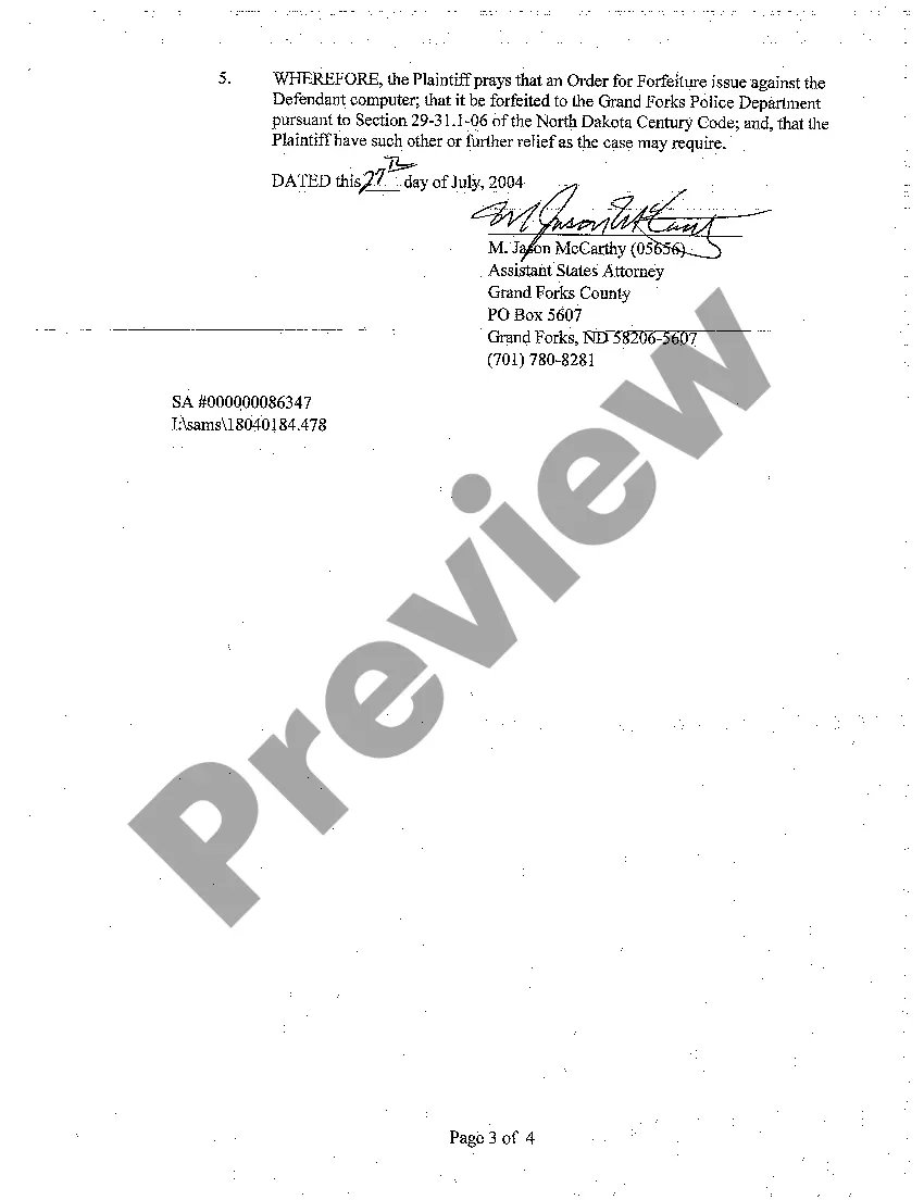 Get A01 Complaint for Property Forfeiture regarding Computer Seized by Law Enforcement Officials Preview A01 Complaint for Property Forfeiture regarding Computer Seized by Law Enforcement Officials