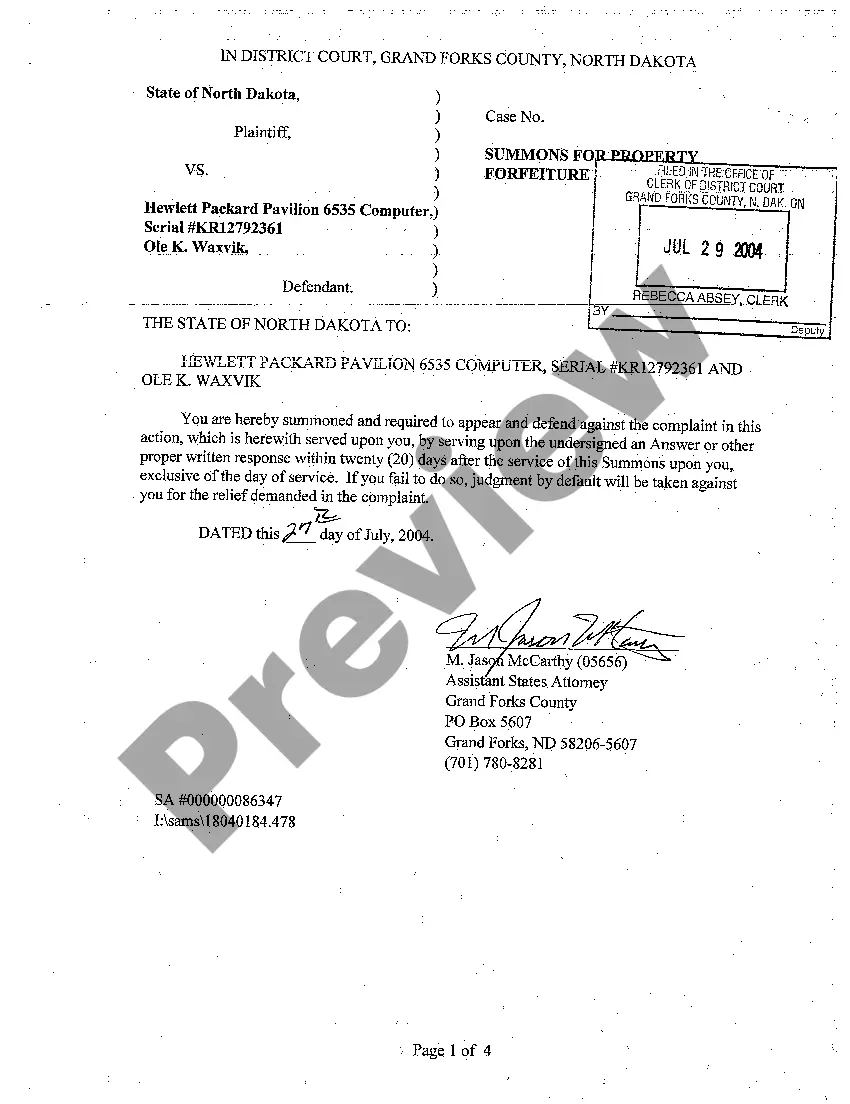 Get A01 Complaint for Property Forfeiture regarding Computer Seized by Law Enforcement Officials Preview A01 Complaint for Property Forfeiture regarding Computer Seized by Law Enforcement Officials
