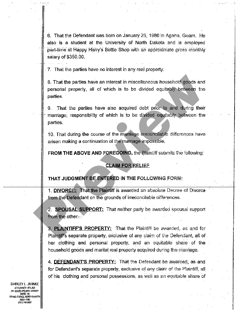 page 1 A01 Complaint for Divorce, Uncontested with No Children preview
