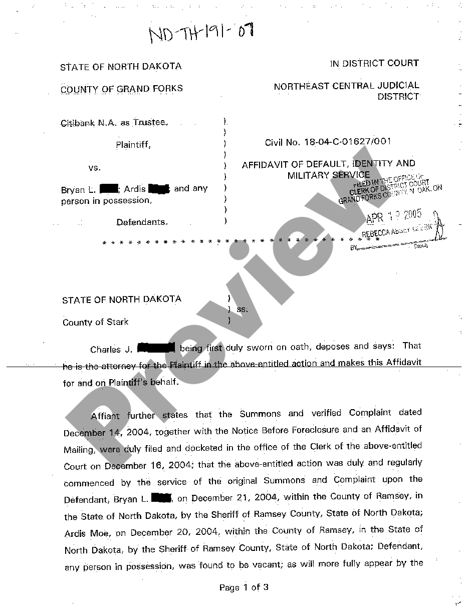 North Dakota Affidavit of Default, Identity and Military Service | US ...