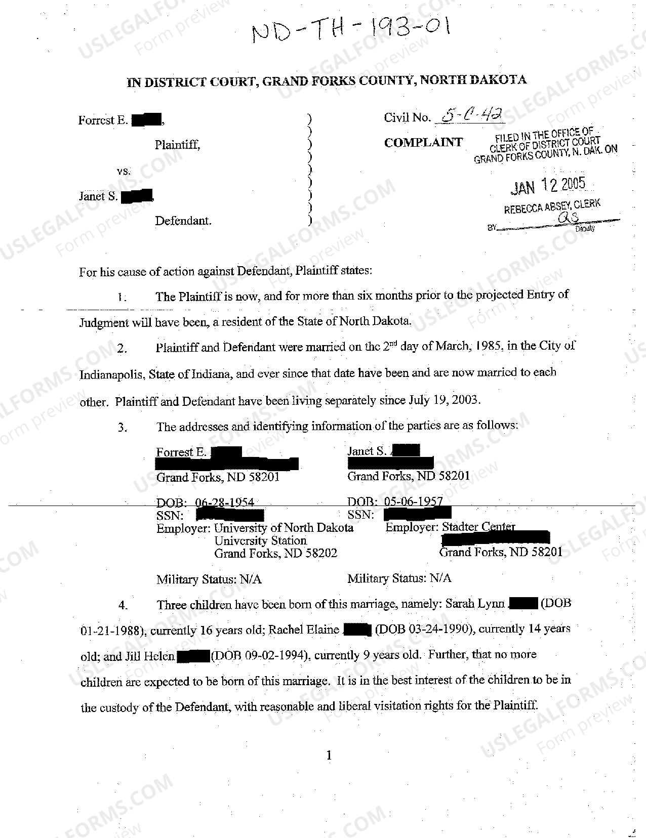 North Dakota Complaint for Divorce, Uncontested with Children US