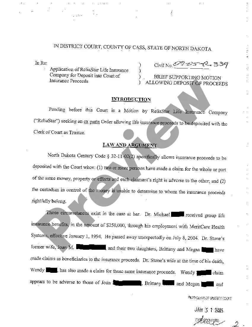 Preview A01 Motion for Ex Parte Order Allowing Deposit of Insurance Proceeds