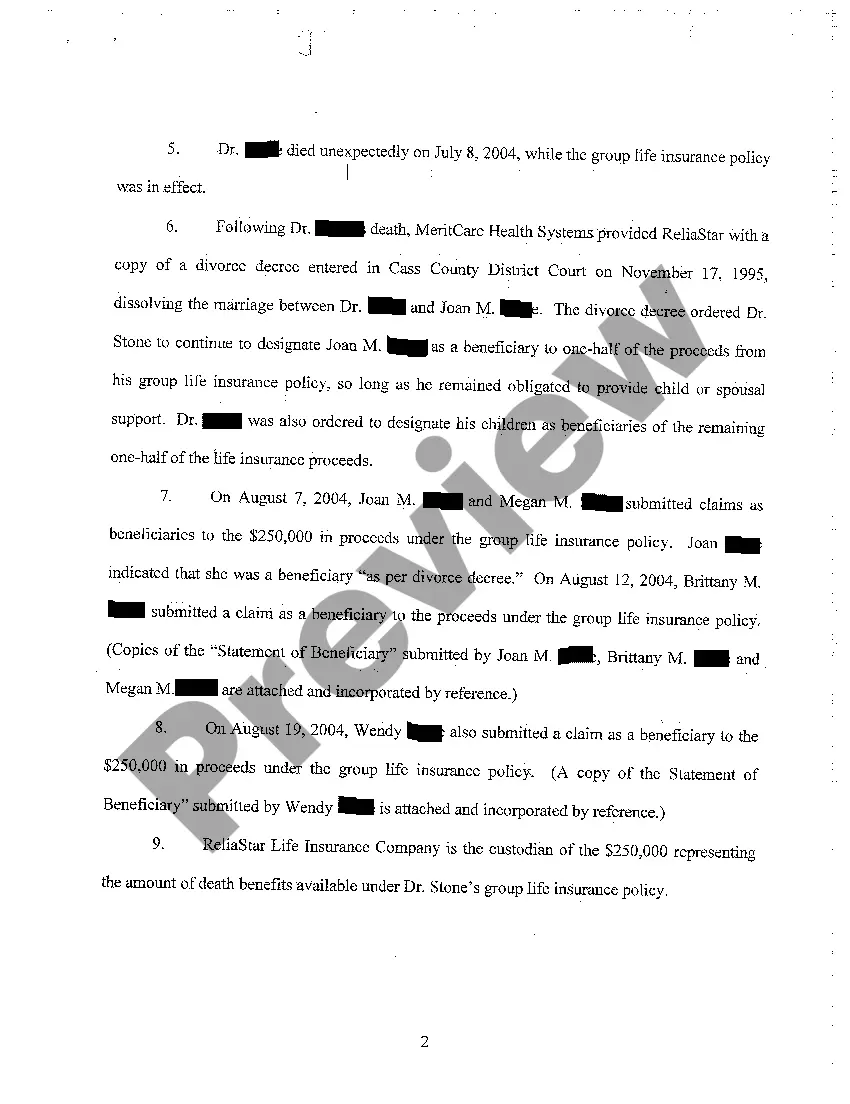 Preview A01 Motion for Ex Parte Order Allowing Deposit of Insurance Proceeds